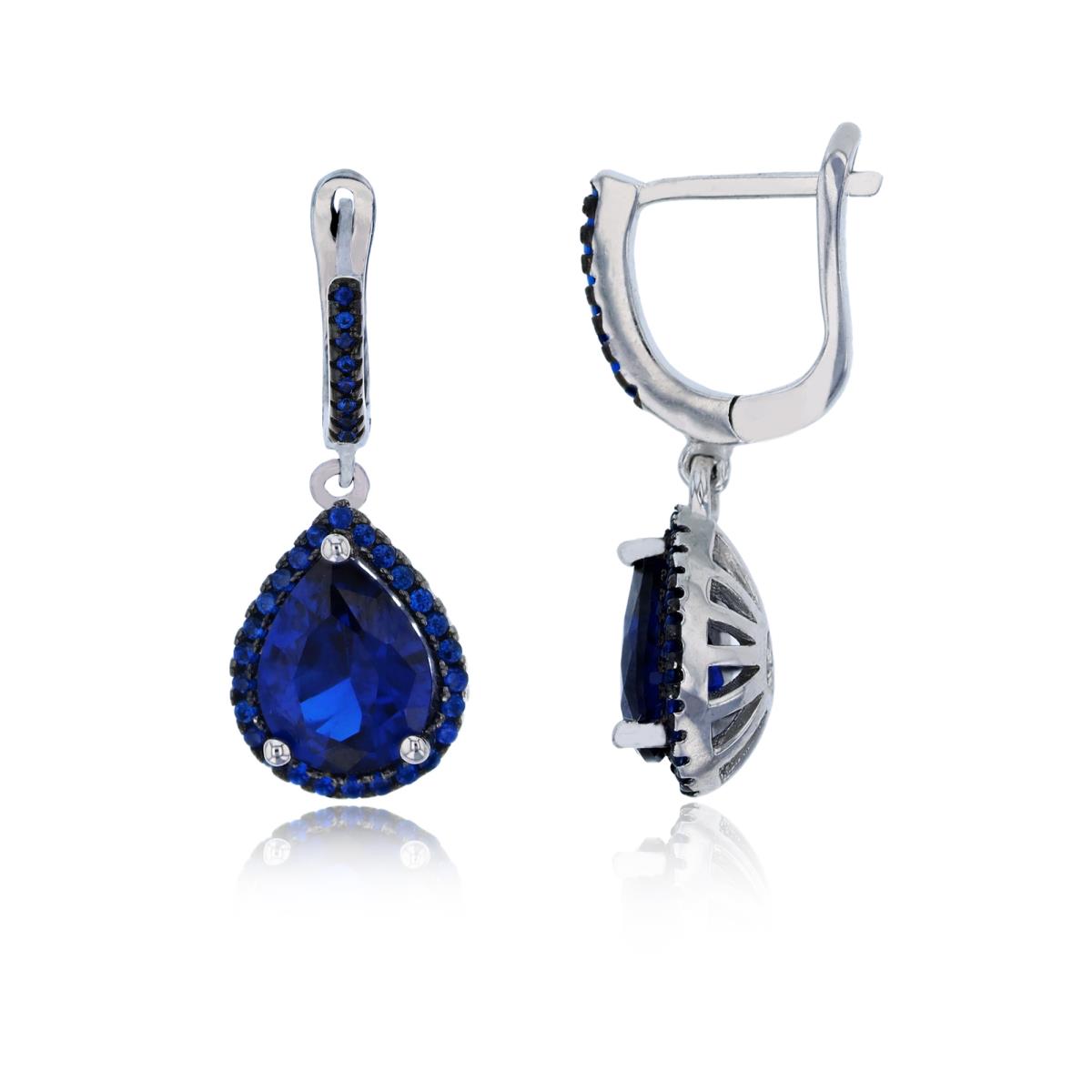 Sterling Silver Black & Rhodium 9x6mm Sapphire Pear Cut CZ Halo Dangling Earring