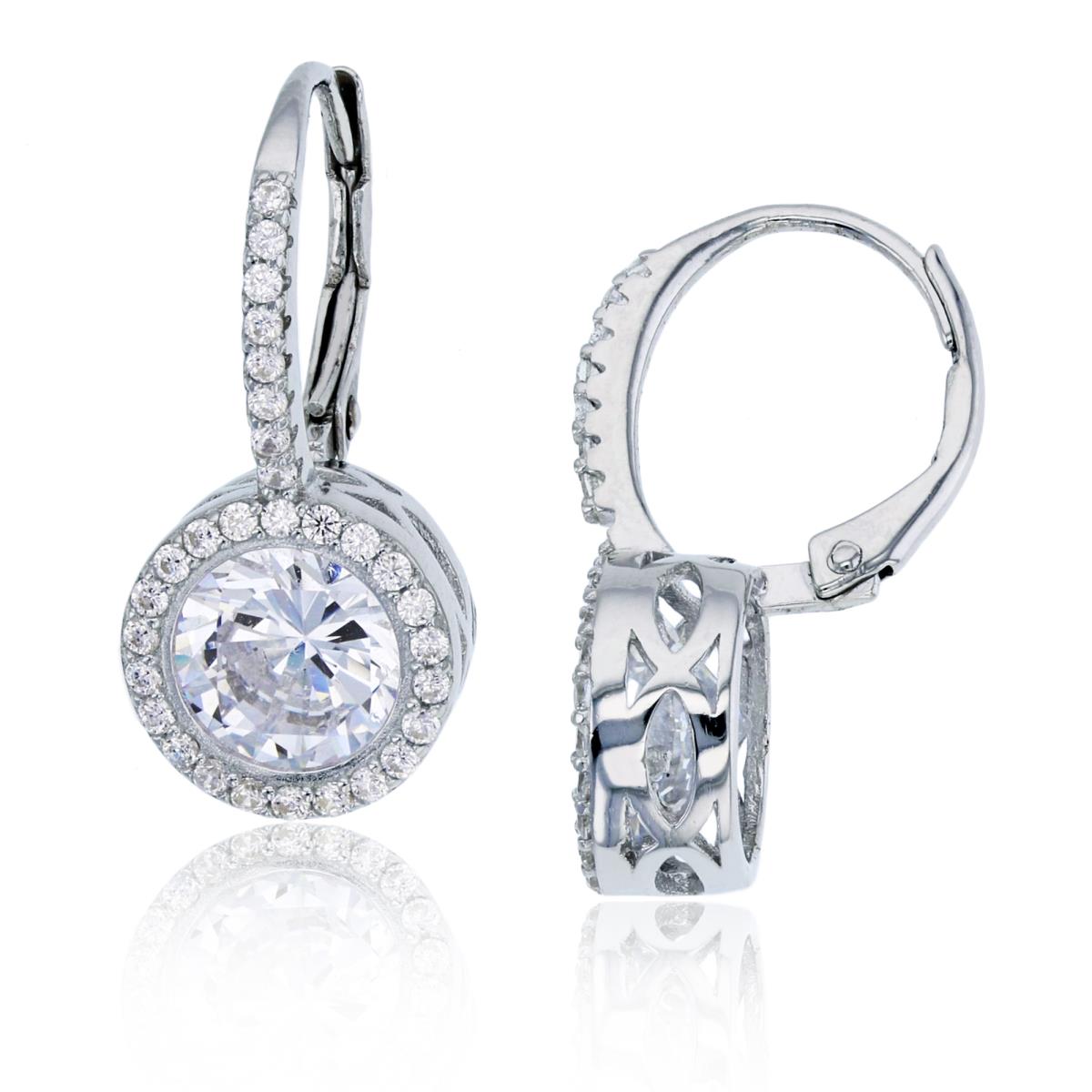 Sterling Silver Rhodium 8mm Round Cut Halo Lever Back Earring
