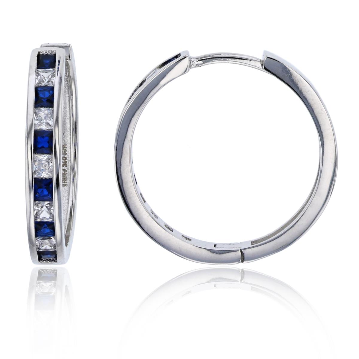 Sterling Silver Rhodium 20x3mm Alternating Sapphire & White Princess Cut CZ Hoop Earring