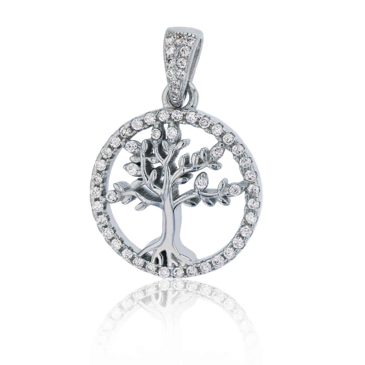 Sterling Silver Rhodium Micropave Tree of Life Circle Pendant