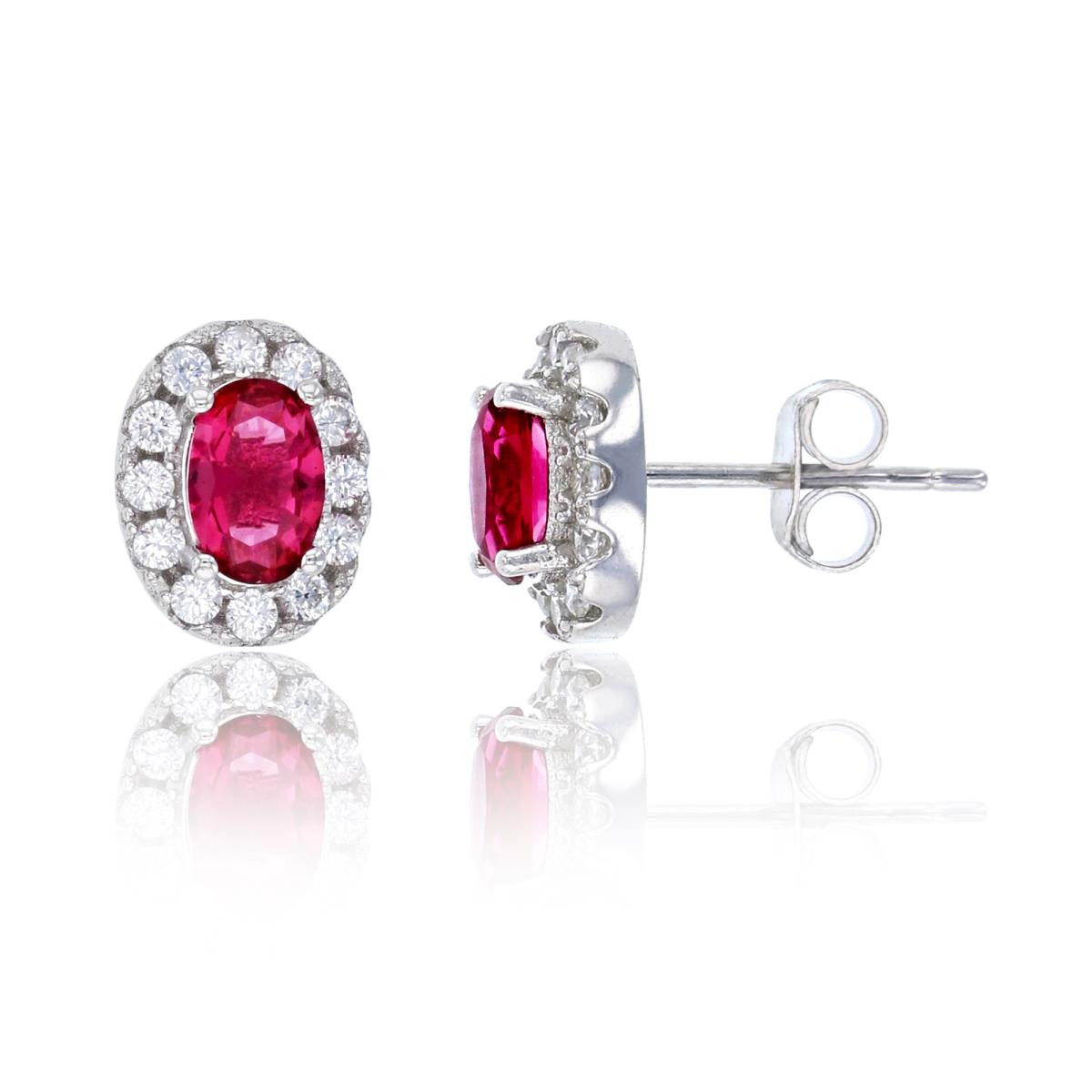 Sterling Silver Rhodium 6x4mm Ruby Oval Cut CZ with White Pave Halo Stud Earring