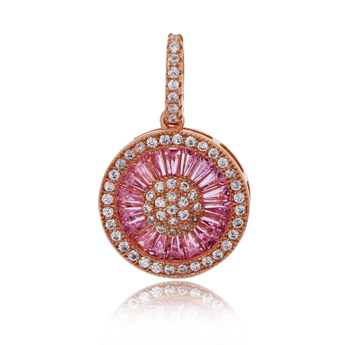 Sterling Silver Rose Round & Pink Baguette CZ Circle Dangling Pendant