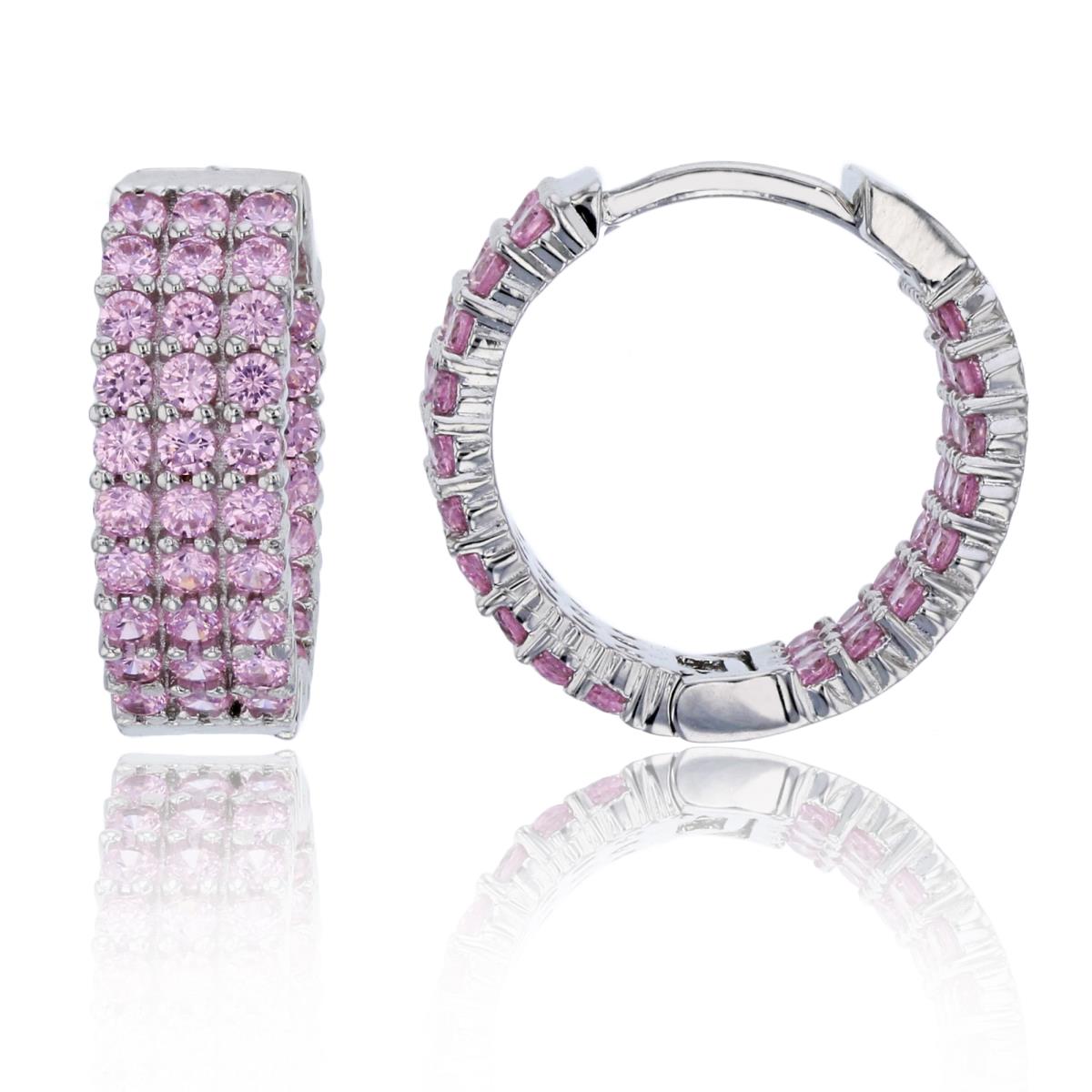 Sterling Silver Rhodium 3 Row Pink CZ In & Out Pave Huggie 