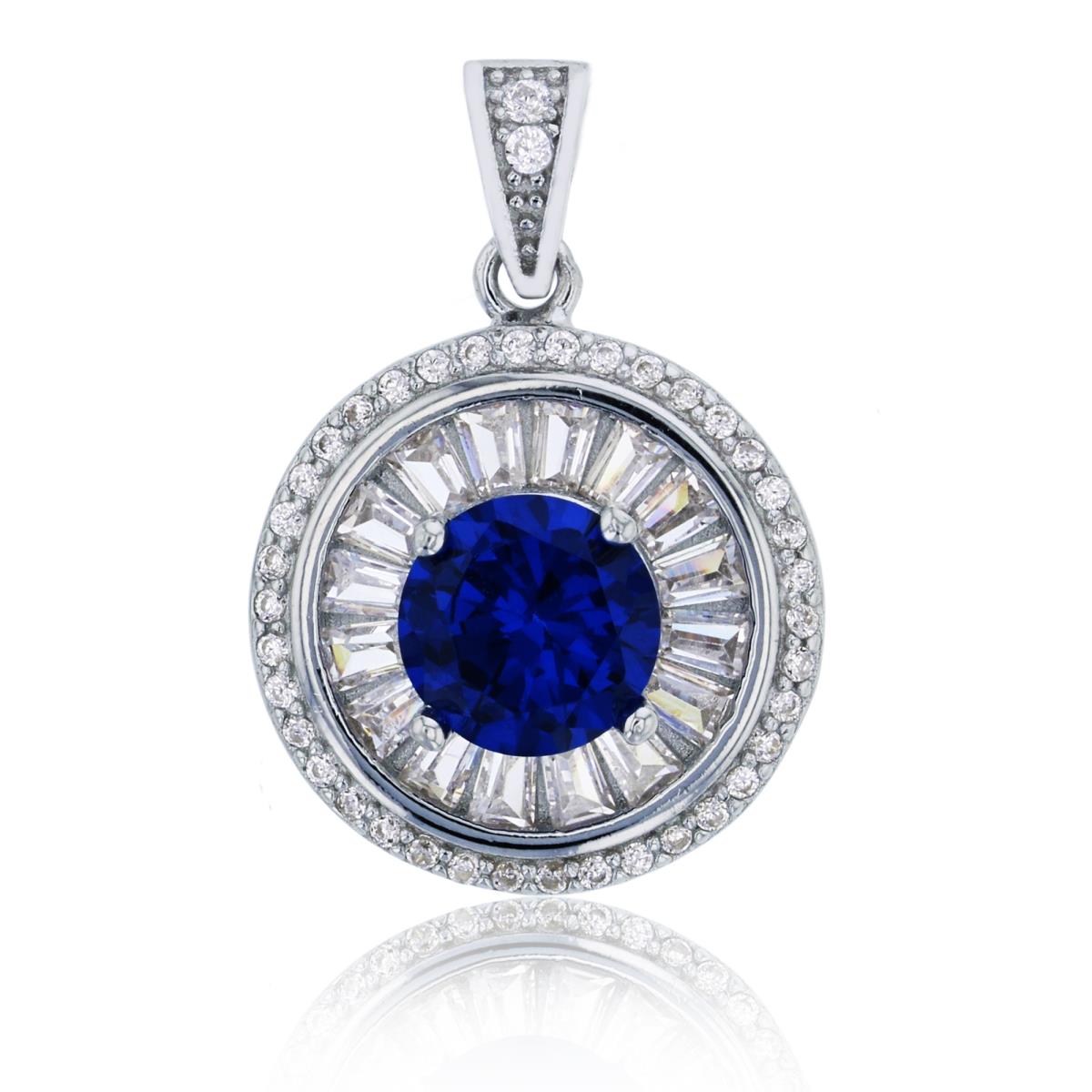 Sterling Silver Rhodium 8mm Sapphire Rd Cut with White Baguette & Rd CZ Circle Halo Pendant