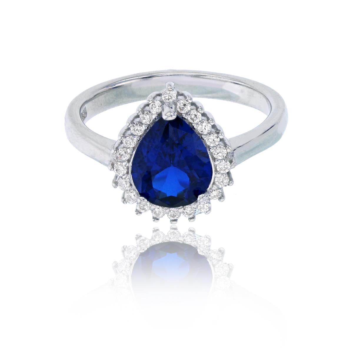 Sterling Silver Rhodium 9x6mm Sapphire Pear Cut & White CZ Halo Fashion Ring