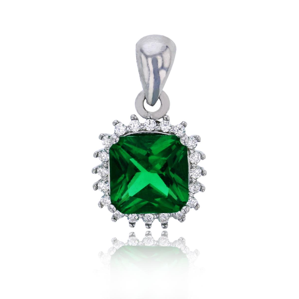 Sterling Silver Rhodium 8mm Emerald Cushion Cut & White CZ Halo Pendant