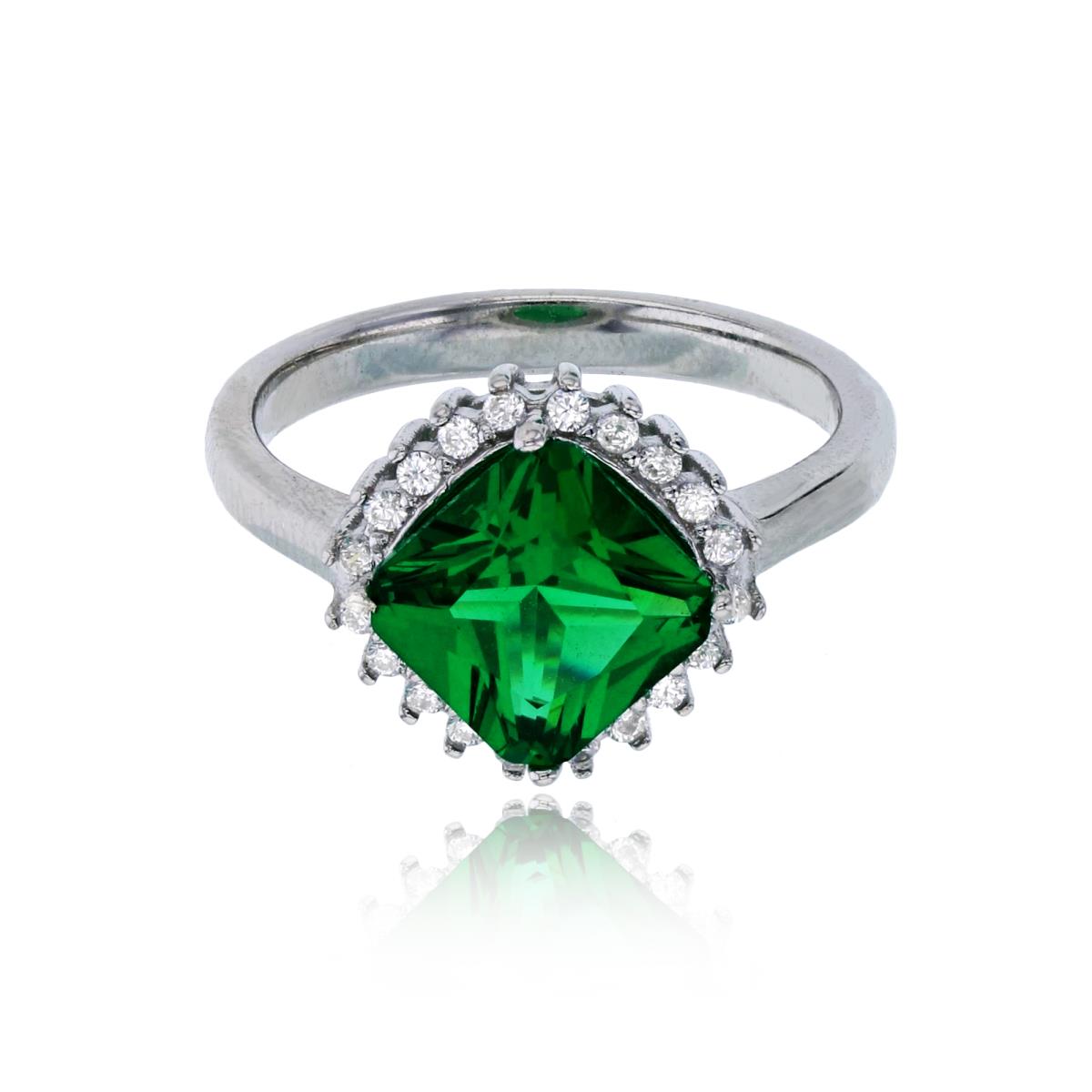 Sterling Silver Rhodium 8mm Emerald Cushion Cut & White CZ Halo Fashion Ring