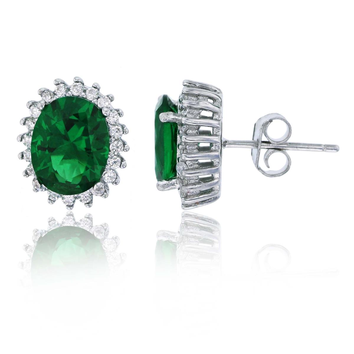 Sterling Silver Rhodium 9x7mm Emerald Oval Cut & White CZ Halo Stud Earring