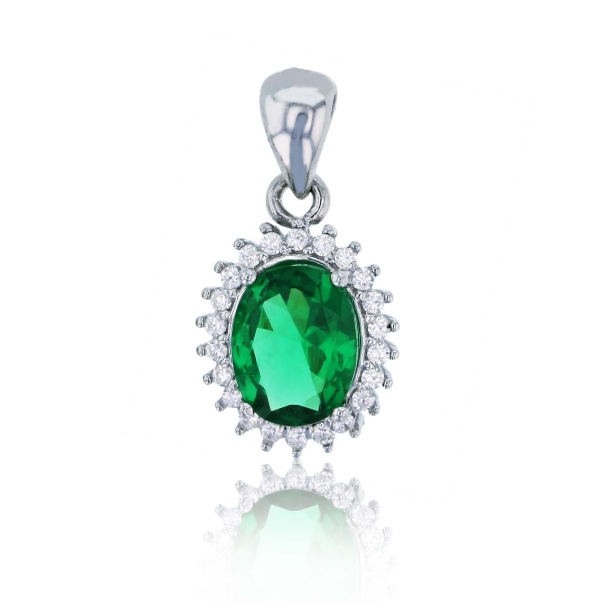 Sterling Silver Rhodium 9x7mm Emerald Oval Cut & White CZ Halo Pendant