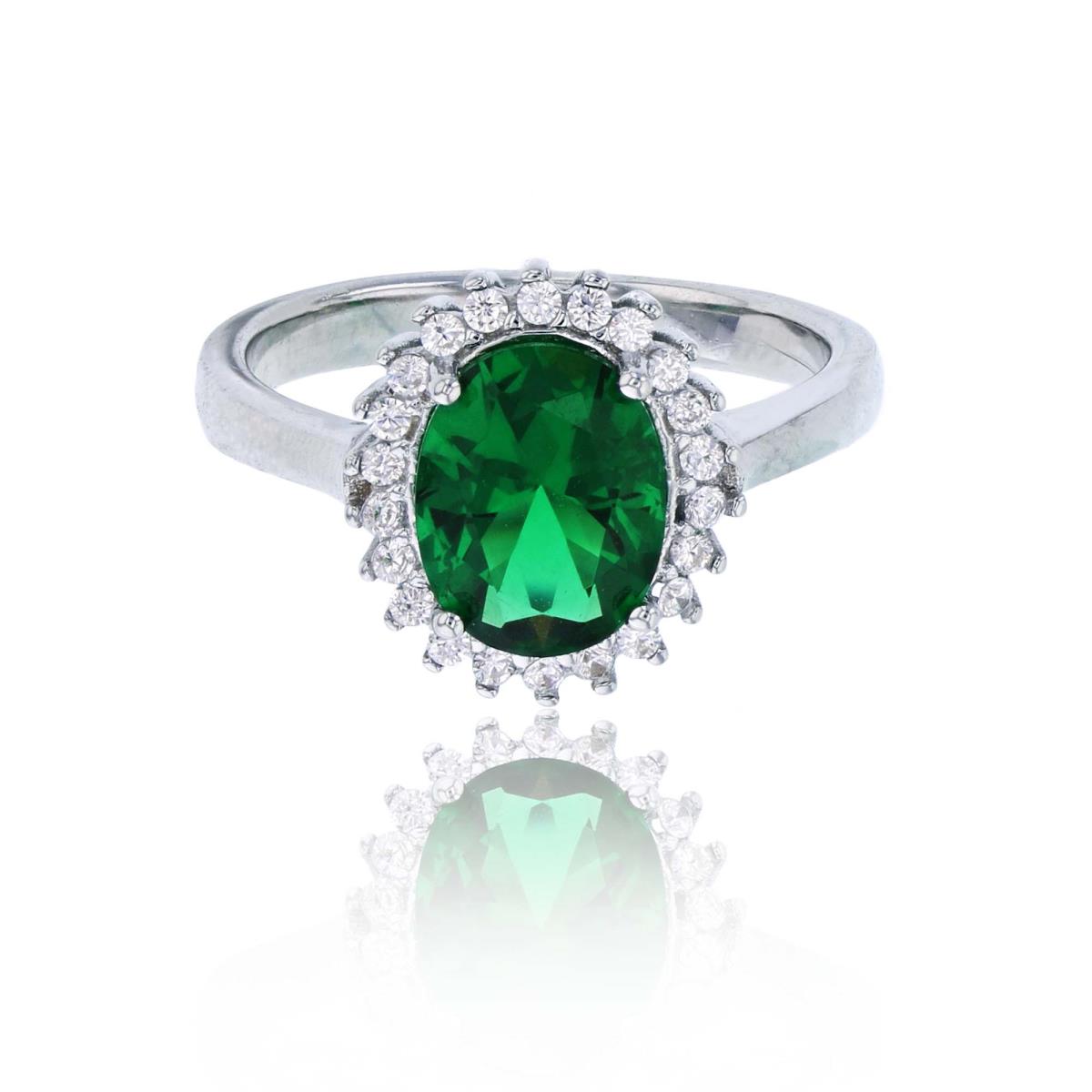 Sterling Silver Rhodium 9x7mm Emerald Oval Cut & White CZ Halo Fashion Ring
