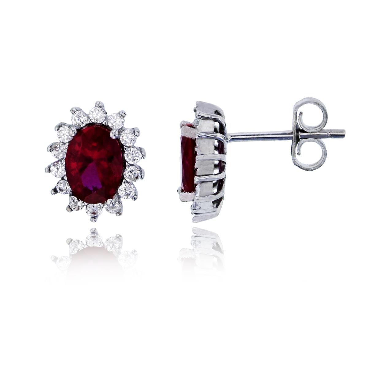 Sterling Silver Rhodium 7x5mm Ruby Red Oval Cut & White CZ Halo Stud Earring