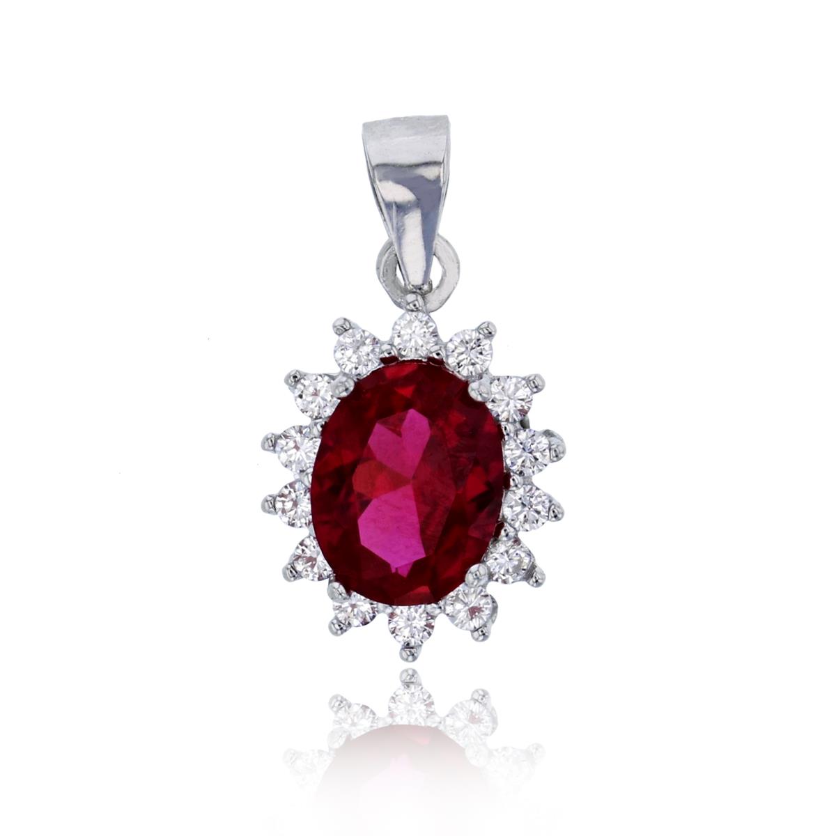 Sterling Silver Rhodium 9x7mm Ruby Oval Cut with White Pave CZ Halo Pendant