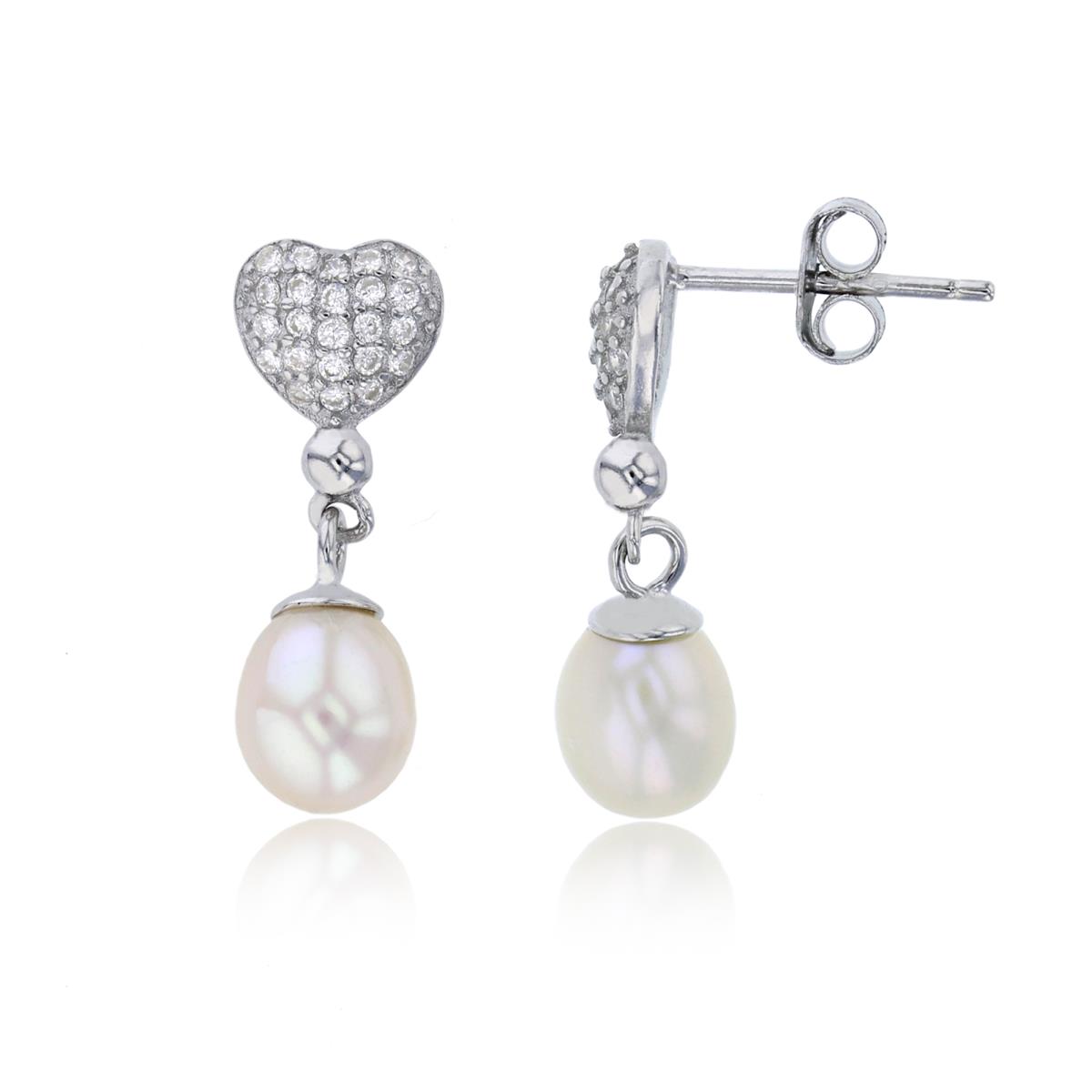 Sterling Silver Rhodium 8x6mm Freshwater Pearl with Pave CZ Heart Shaped Dangling Earring