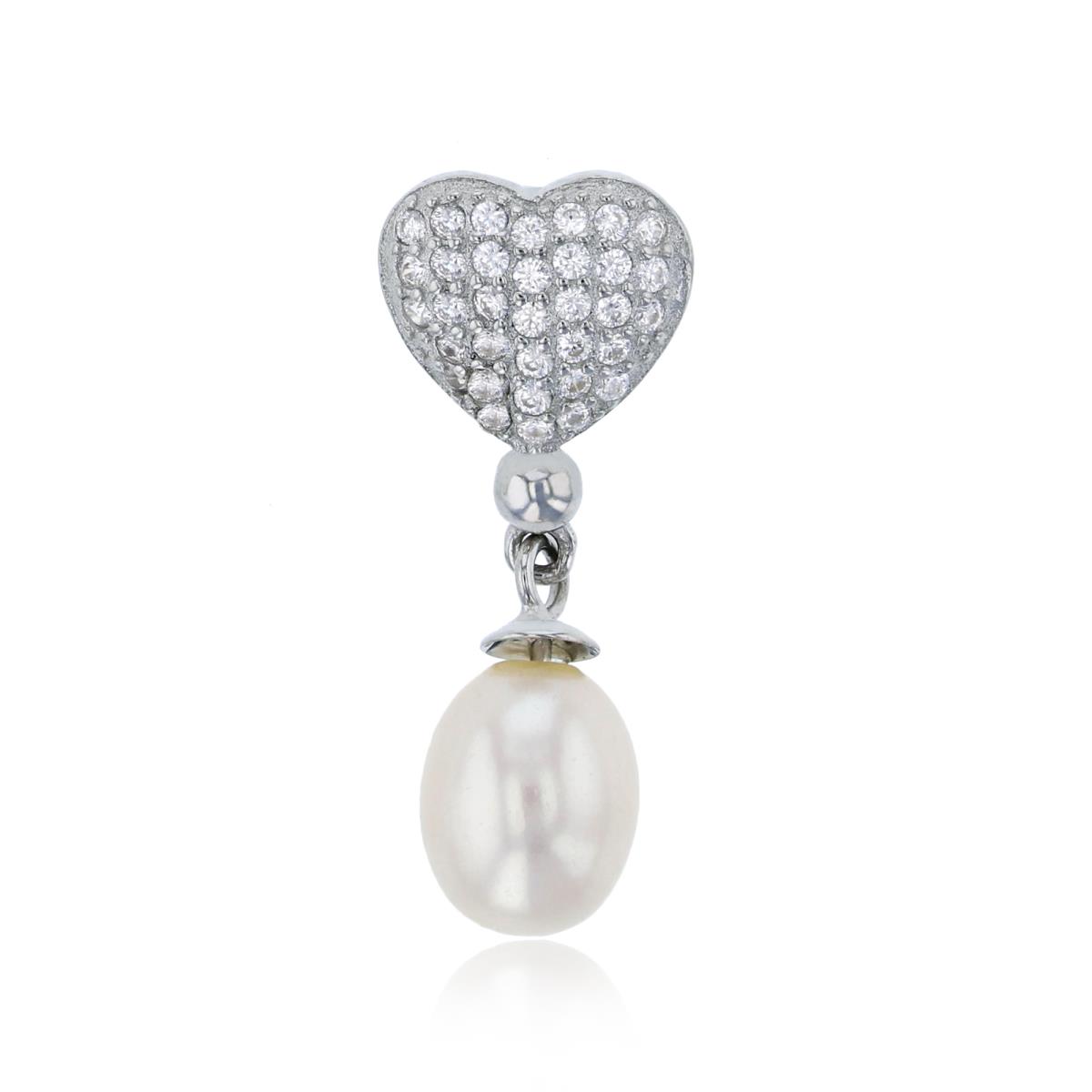 Sterling Silver Rhodium 9x7mm Freshwater Pearl with Pave CZ Heart Shaped Fashion Pendant