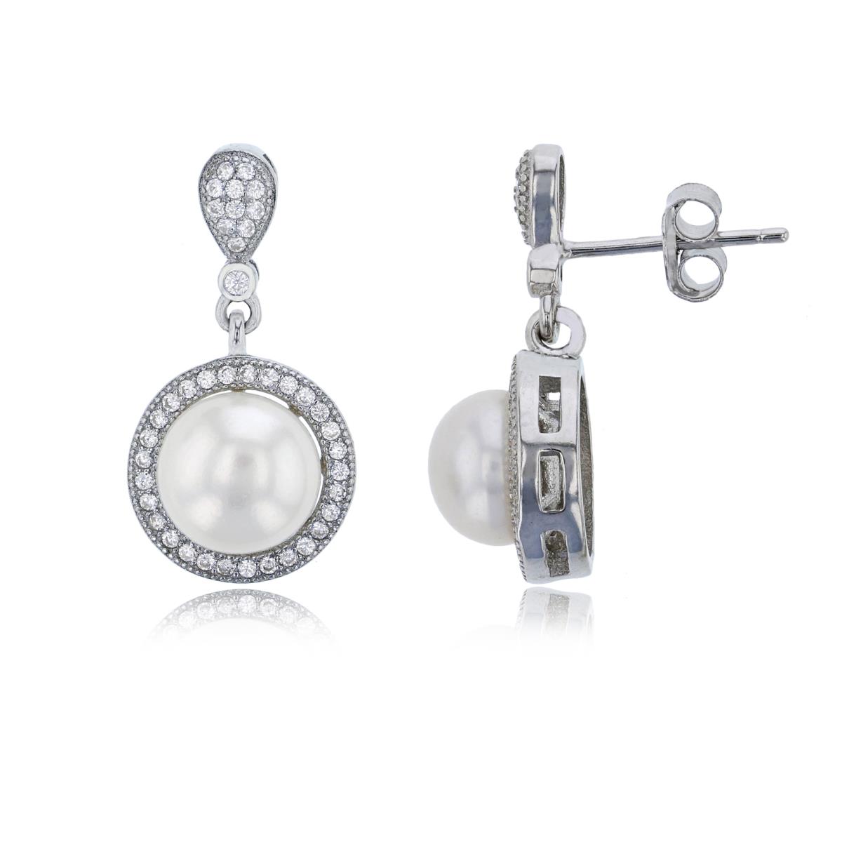 Sterling Silver Rhodium 8mm Freshwater Pearl & White CZ Halo Dangling Earring