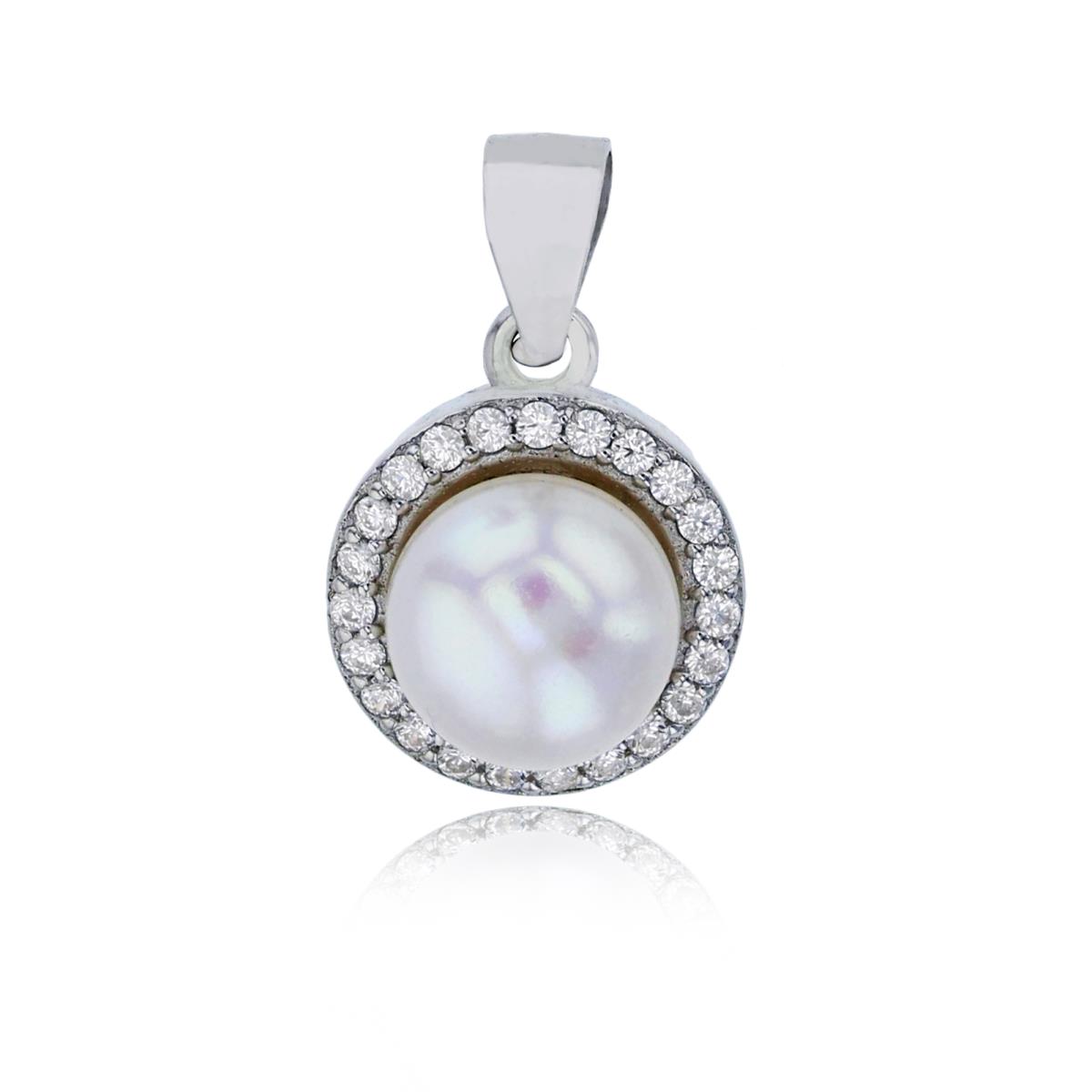 Sterling Silver Rhodium 8mm Freshwater Pearl with White CZ Halo Fashion Pendant