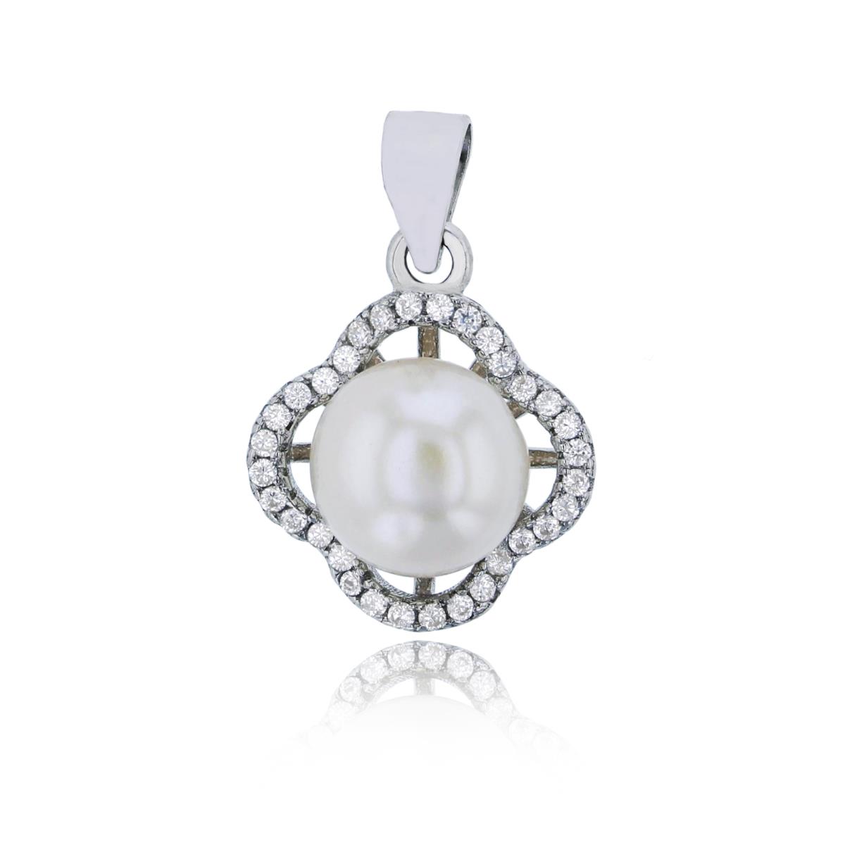Sterling Silver Rhodium 9mm Freshwater Pearl & White CZ Clover Fashion Pendant