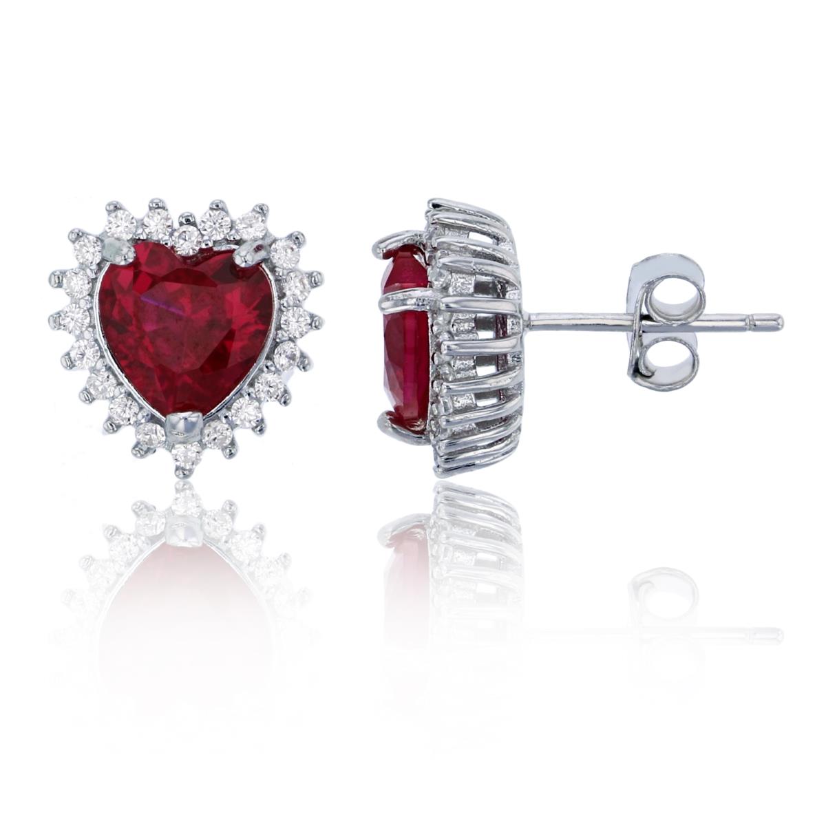 Sterling Silver Rhodium 7mm Ruby Heart Cut with White Pave CZ Halo Stud Earring