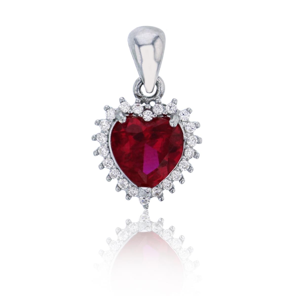 Sterling Silver Rhodium 8mm Ruby Heart Cut with White Pave CZ Halo Pendant