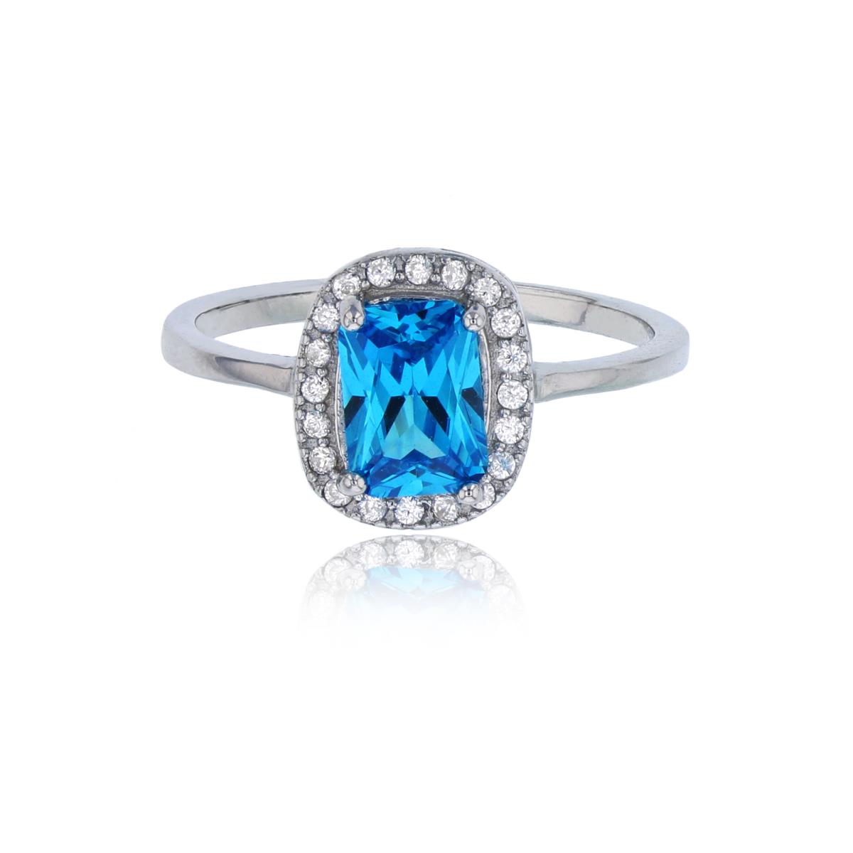 Sterling Silver Rhodium 7x5mm Sky Blue Emerald Cut & White CZ Halo Fashion Ring