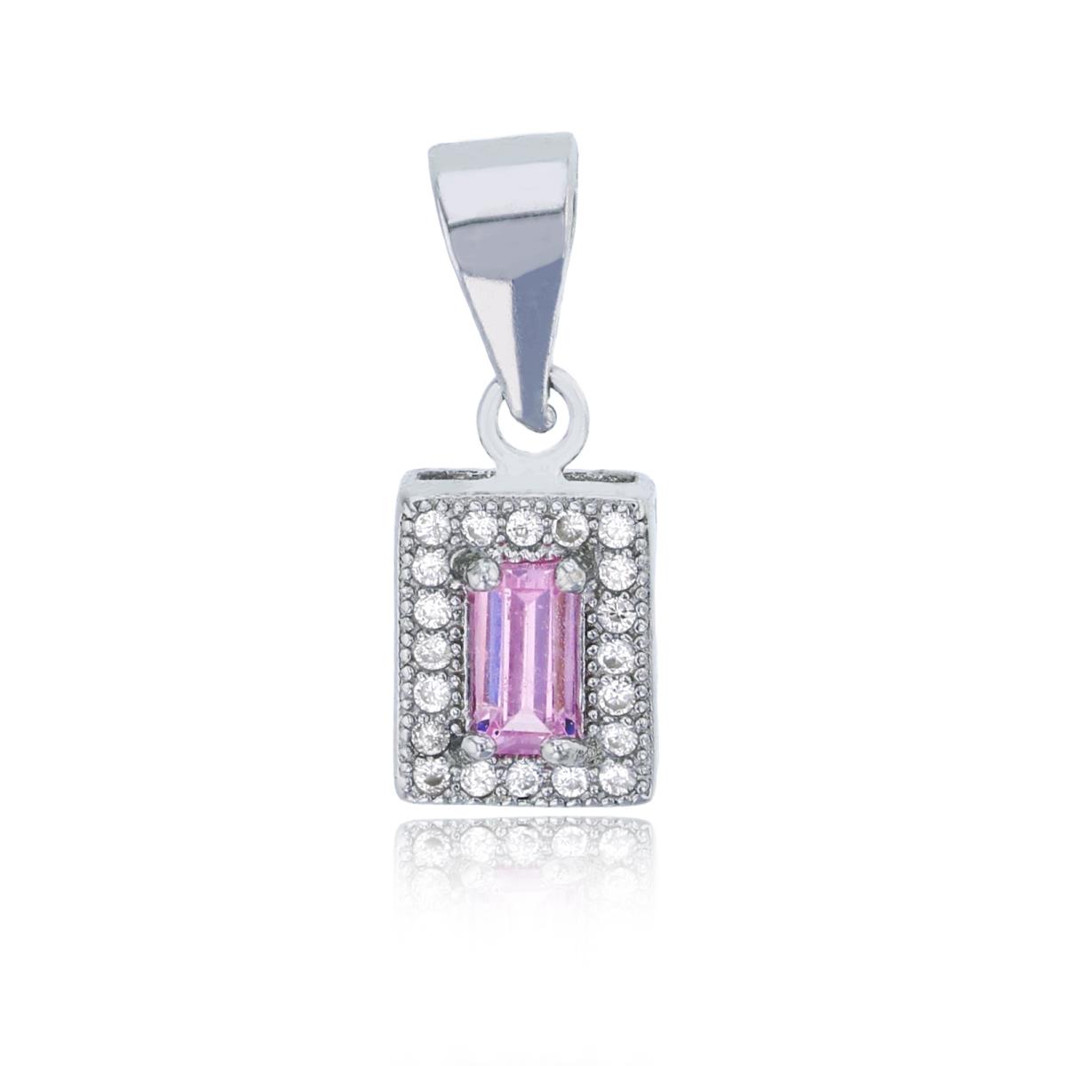 Sterling Silver Rhodium 5x3mm Pink Emerald Cut & White CZ Halo Pendant