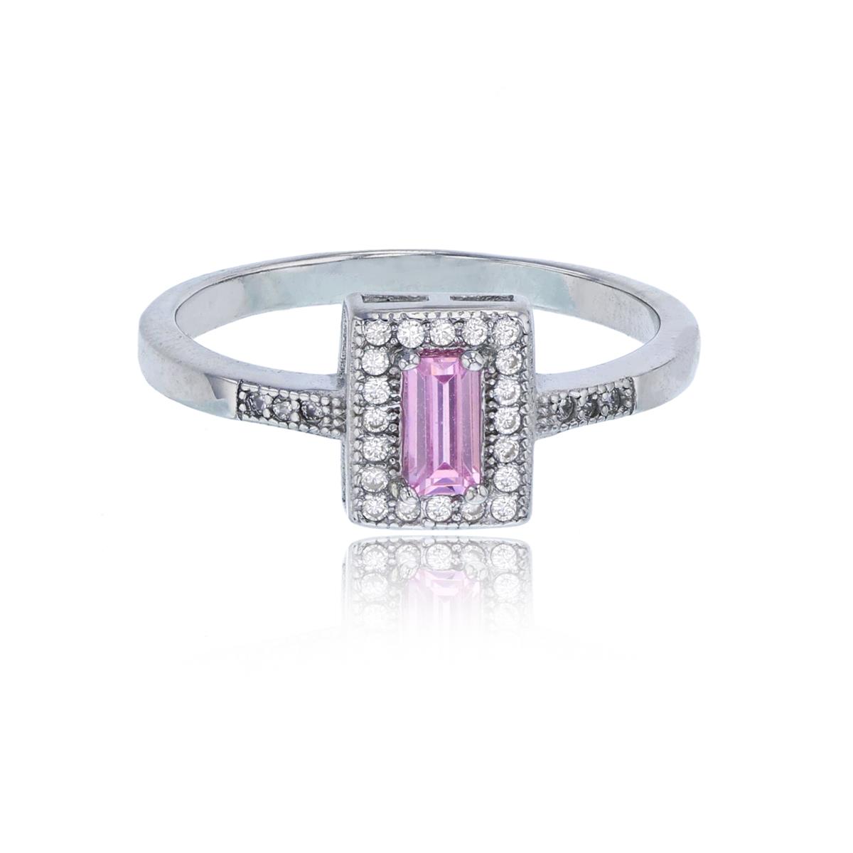 Sterling Silver Rhodium 5x3mm Pink Emerald Cut & White CZ Halo Fashion Ring