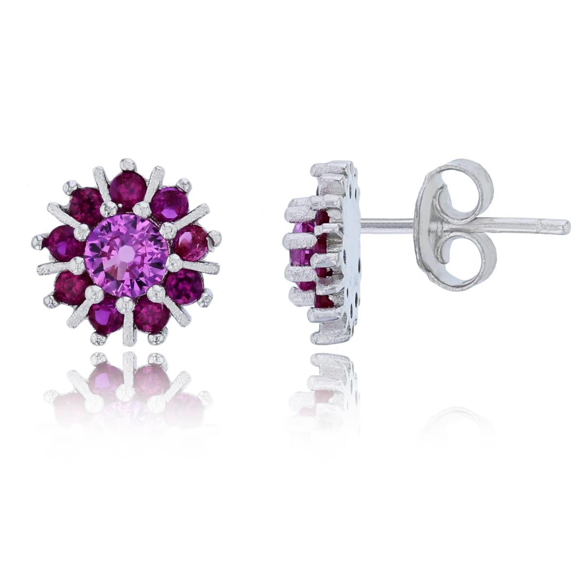 Sterling Silver Rhodium 4mm Ruby Rd Cut with Pave CZ Flower Stud Earring