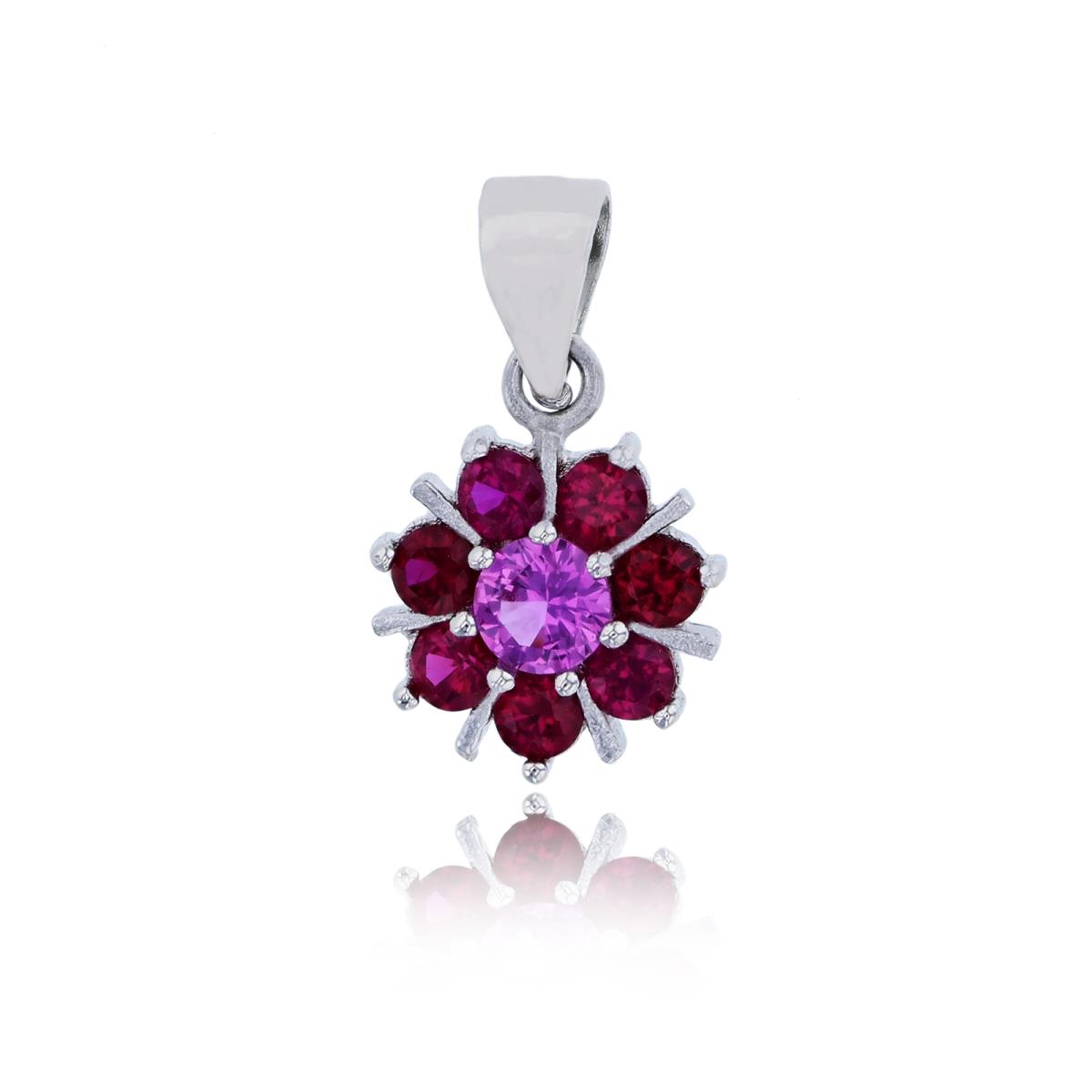 Sterling Silver Rhodium 4mm Ruby Rd Cut with Pave CZ Flower Fashion Pendant