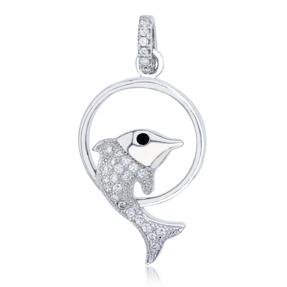 Sterling Silver Rhodium Micropave Jumping Dolphin Dangling Pendant
