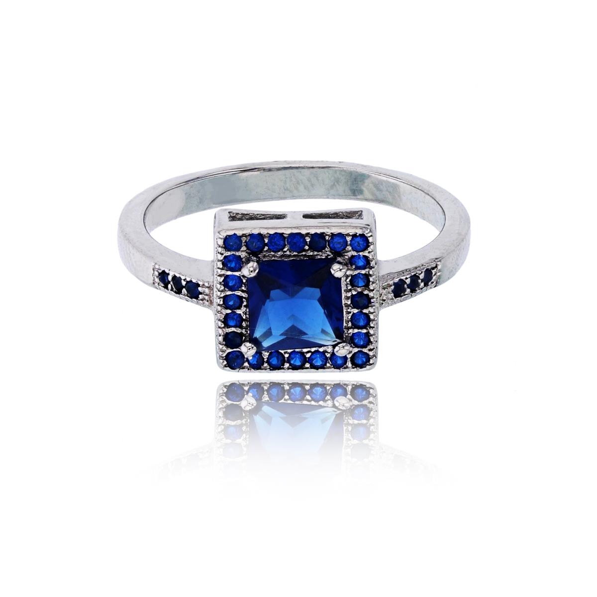 Sterling Silver Rhodium 5mm Sapphire Princess Cut Halo Fashion Ring