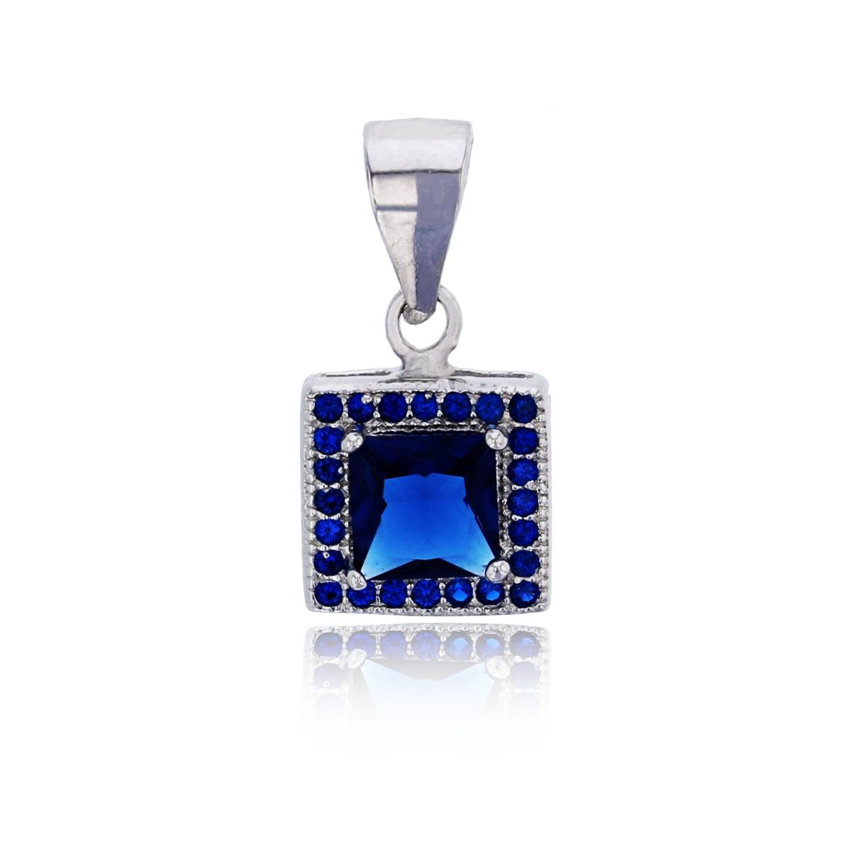 Sterling Silver Rhodium 5mm Sapphire Princess Cut Halo Pendant