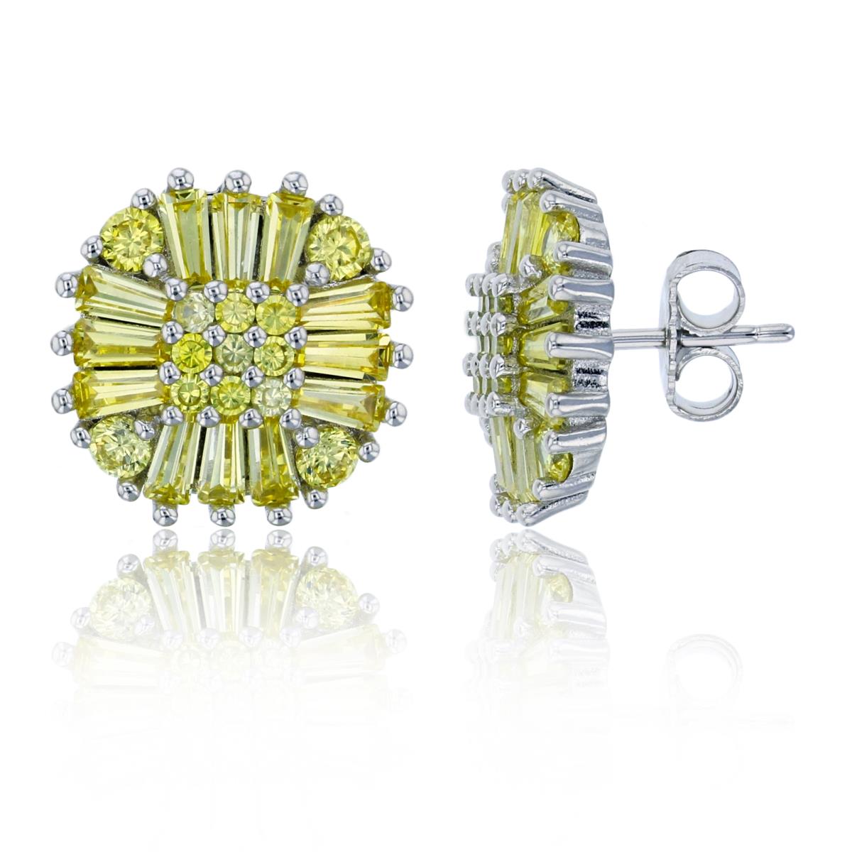Sterling Silver Rhodium Pave Canary Yellow Baguette & Rd Cut CZ Cushion Shaped Stud Earring