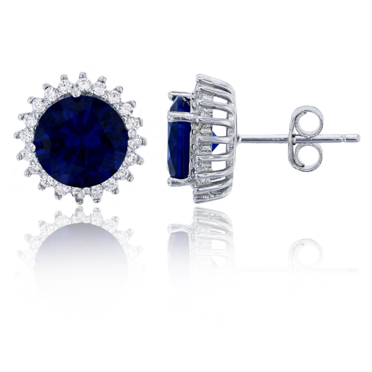 Sterling Silver Rhodium 8mm Sapphire Rd Cut with White CZ Halo Stud Earring