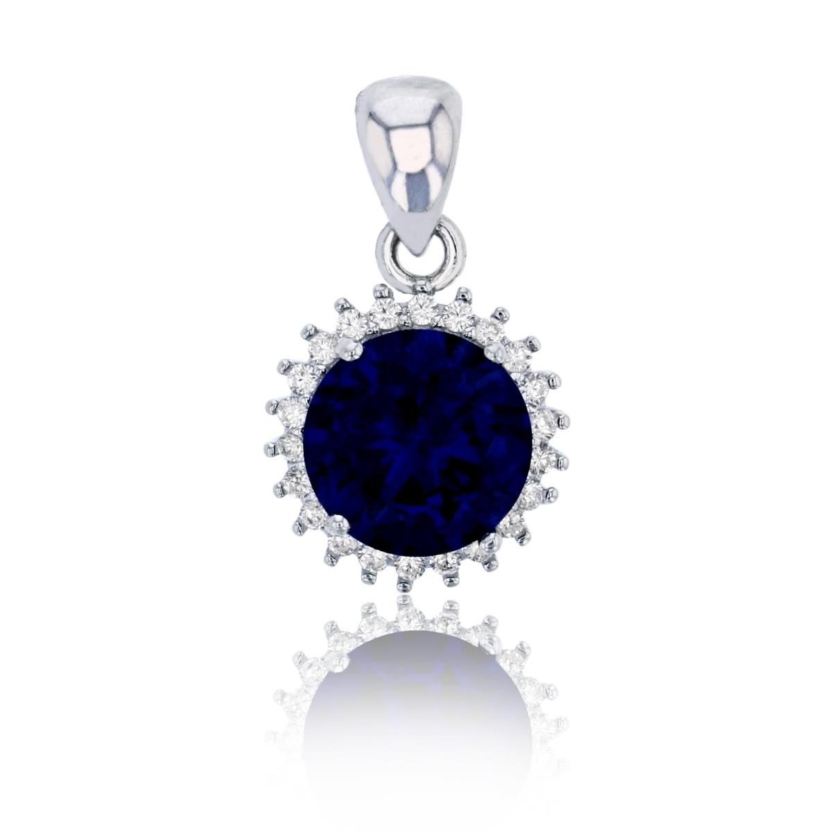 Sterling Silver Rhodium 9mm Sapphire Rd Cut with White CZ Halo Pendant