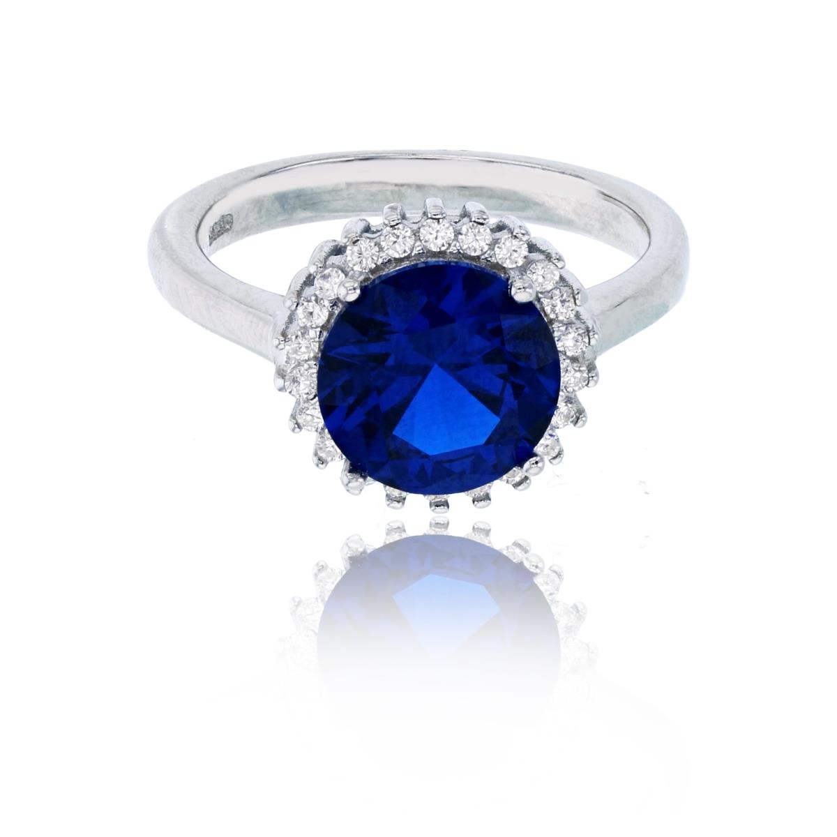 Sterling Silver Rhodium 9mm Sapphire Rd Cut with White CZ Halo Fashion Ring