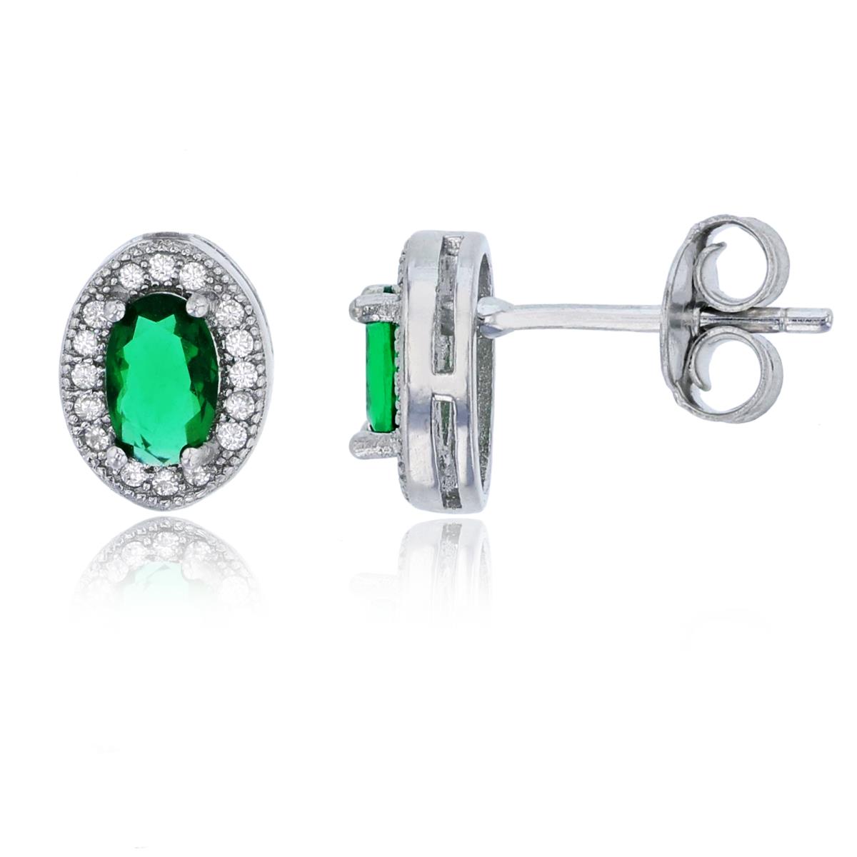 Sterling Silver Rhodium 5x3mm Emerald Oval Cut & White CZ Halo Stud Earring