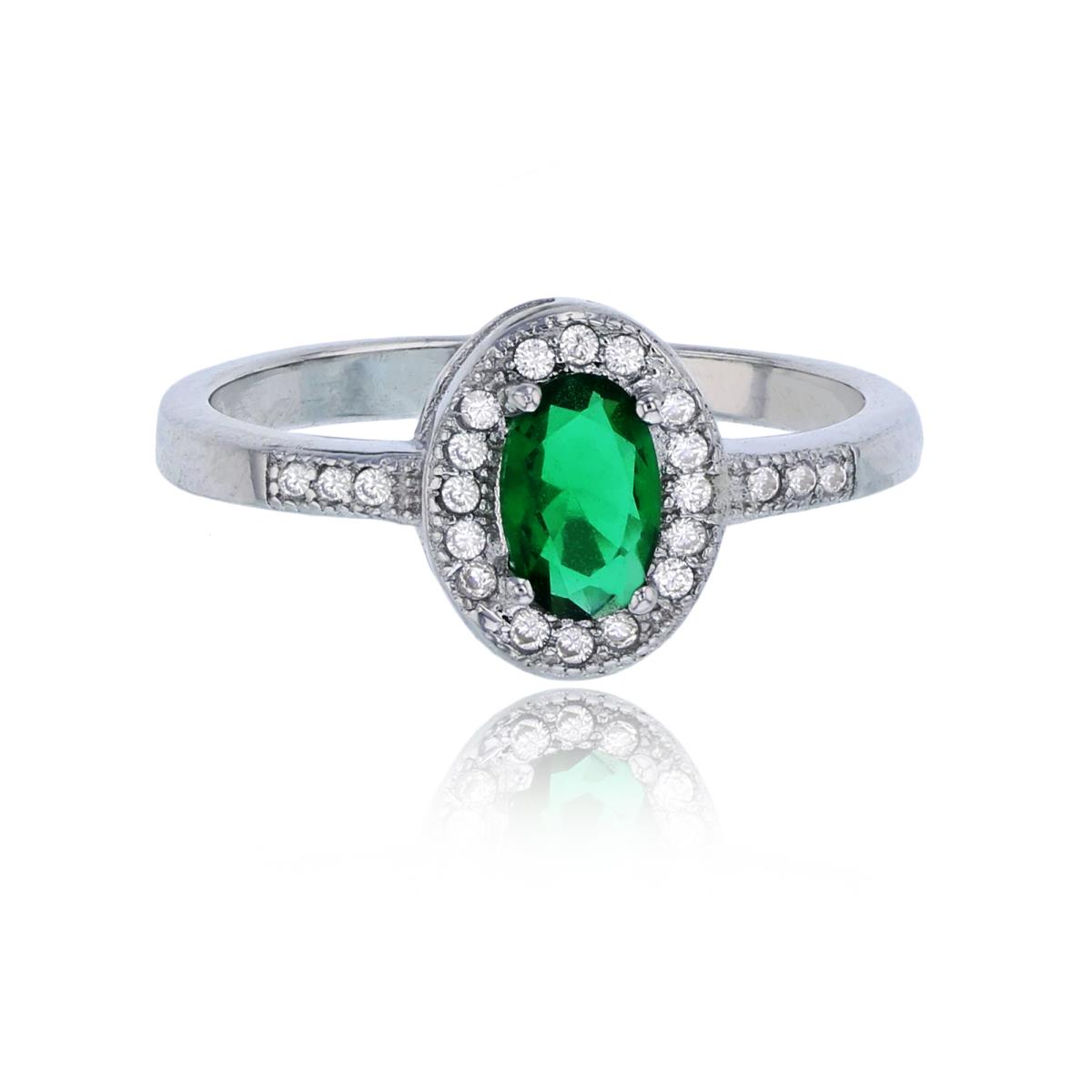 Sterling Silver Rhodium 6x4mm Emerald Oval Cut & White CZ Halo Fashion Ring