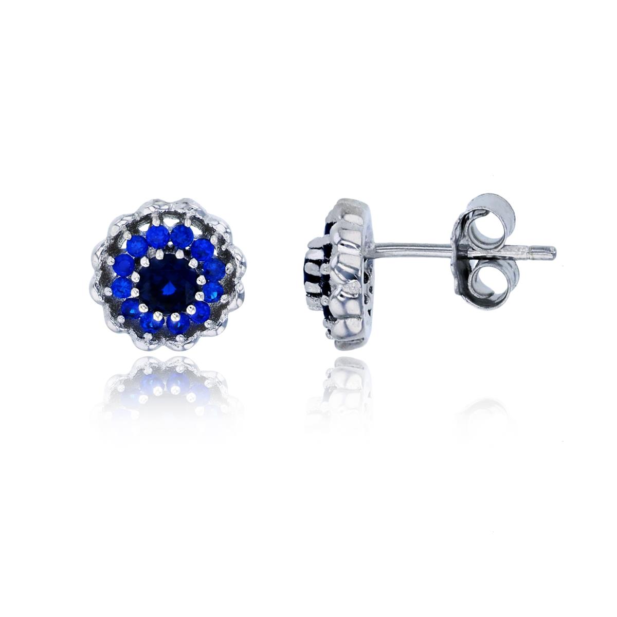 Sterling Silver Rhodium 3mm Sapphire Rd Cut with Pave CZ Circle Shell Stud Earring