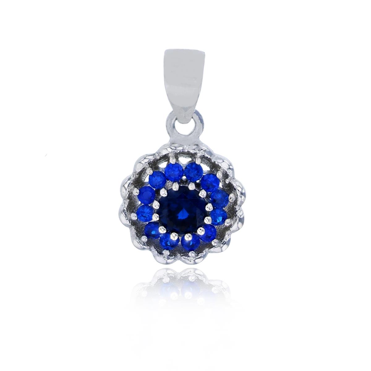 Sterling Silver Rhodium 3mm Sapphire Rd Cut with Pave CZ Circle Shell Fashion Pendant