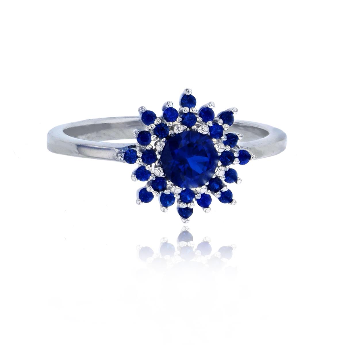 Sterling Silver Rhodium 5mm Sapphire Rd Cut with Pave CZ Starburst Fashion Ring
