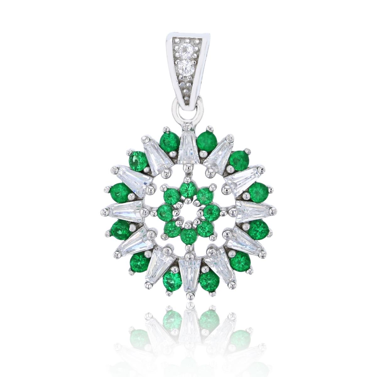 Sterling Silver Rhodium 24x16mm Emerald Rd Cut & White Baguette Circle Fashion Pendant