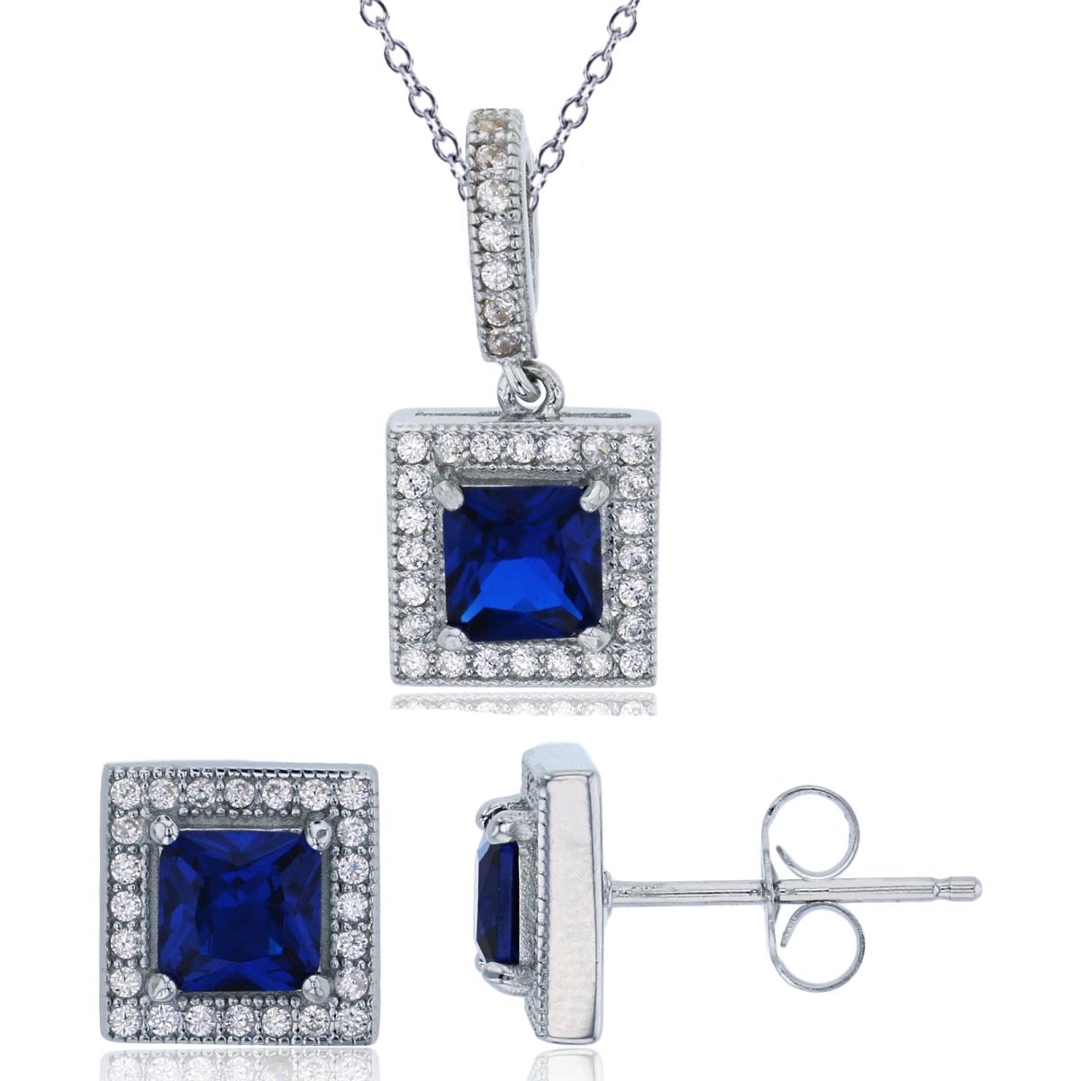 Sterling Silver Rhodium 5.00mm Sapphire Square & White CZ Halo 18" Necklace & Earring Set