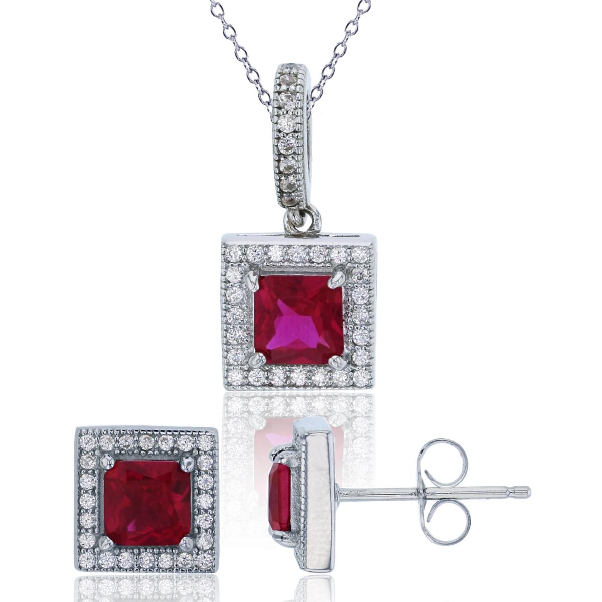 Sterling Silver Rhodium 5.00mm Ruby Square & White CZ Halo 18" Necklace & Earring Set