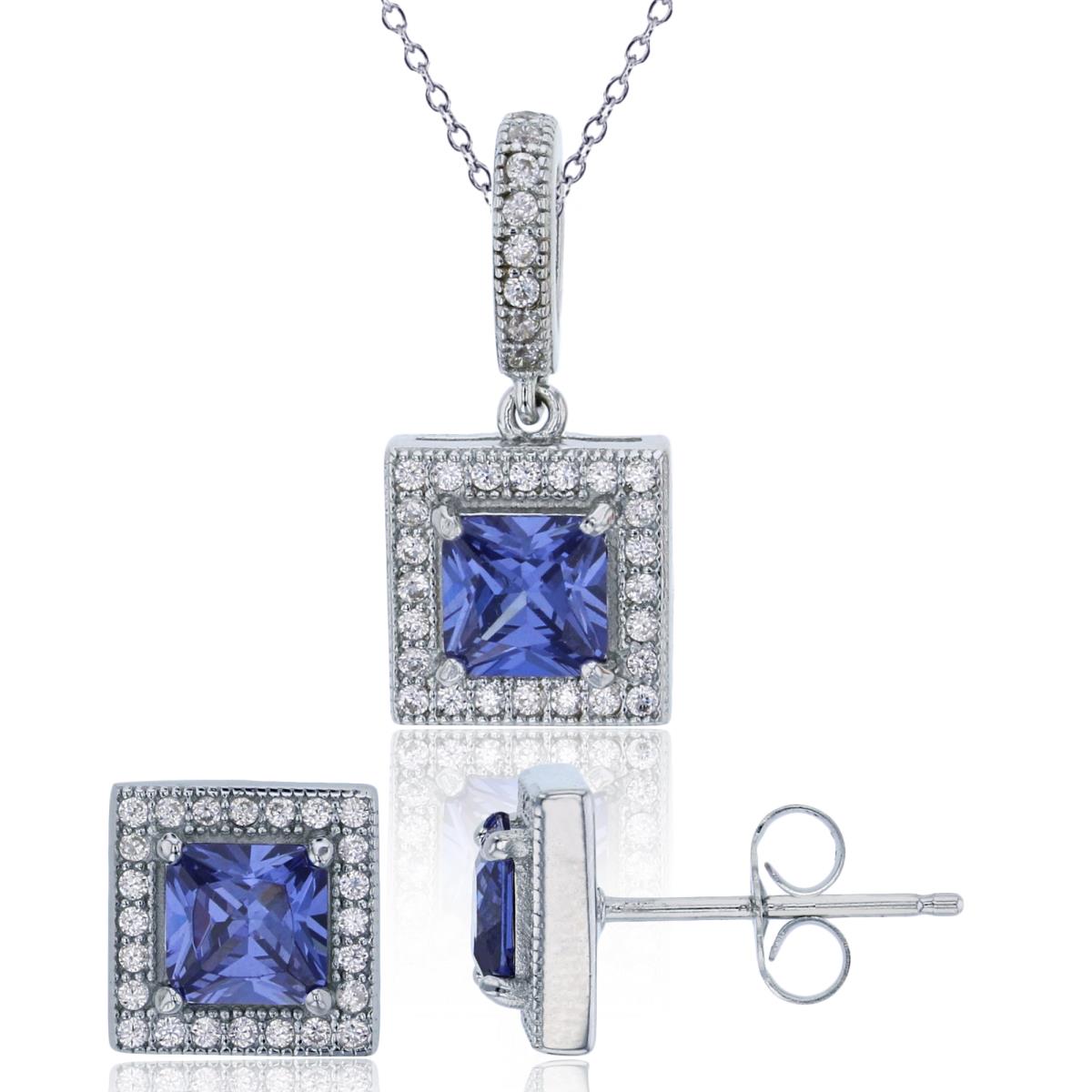 Sterling Silver Rhodium 5.00mm Tanzanite Square & White CZ Halo 18" Necklace & Earring Set