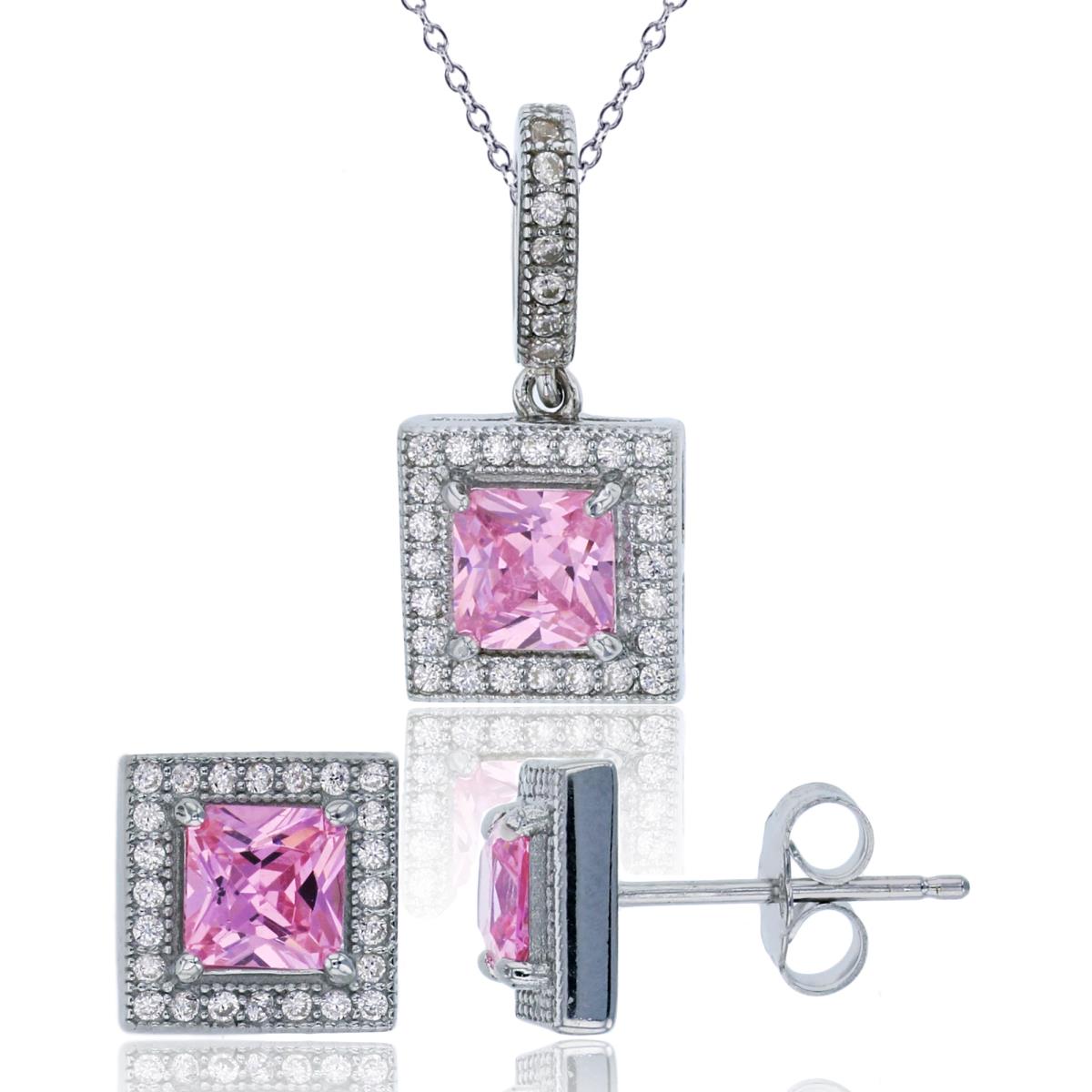 Sterling Silver Rhodium 5.00mm Pink Square & White CZ Halo 18" Necklace & Earring Set