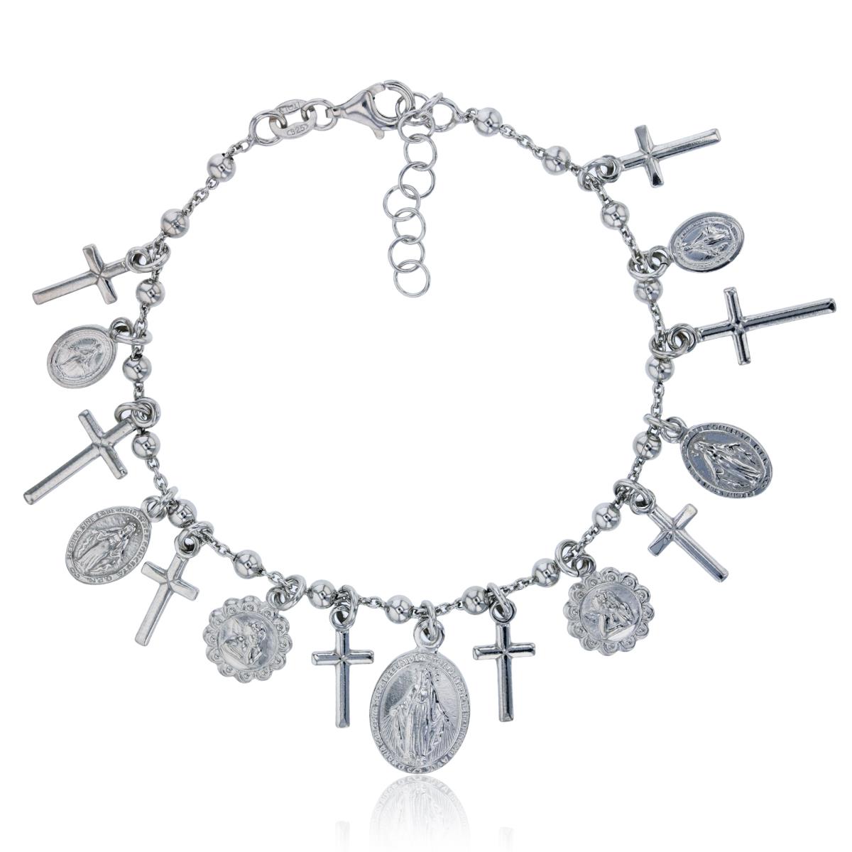 Sterling Silver Rhodium Virgin Mary & Crosses 6.75"+1" Extender Beaded Rosary Bracelet