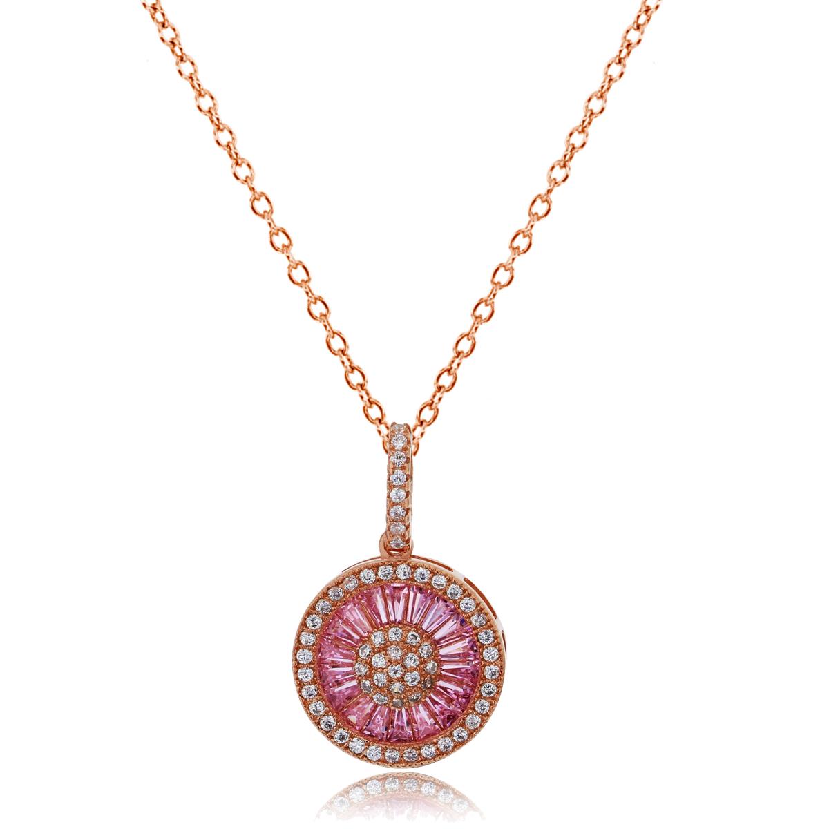 Sterling Silver Rose Round & Pink Baguette CZ Circle 18"+2" Extender Necklace