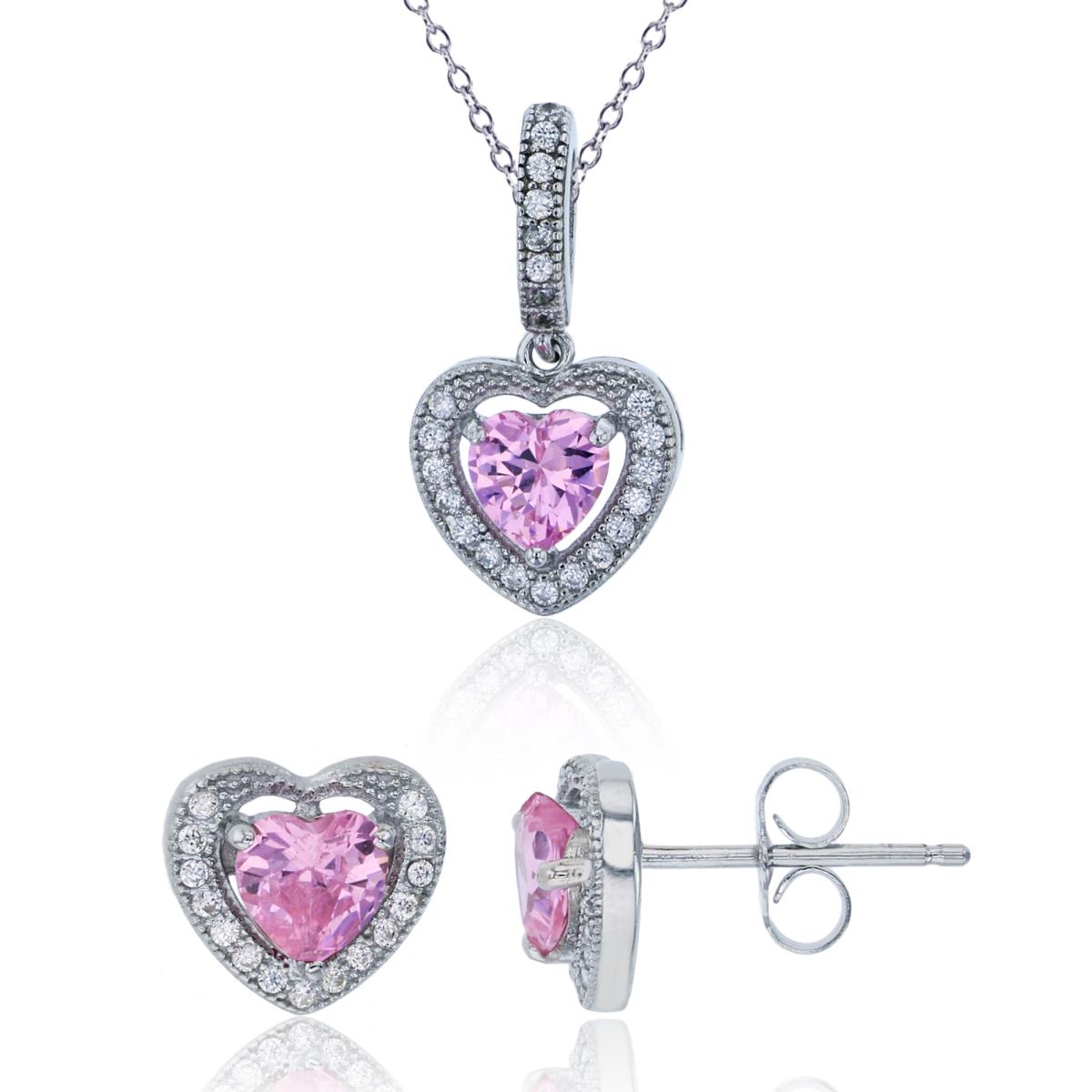 Sterling Silver Rhodium 5mm Heart Pink Halo 18" Necklace & Earring Set