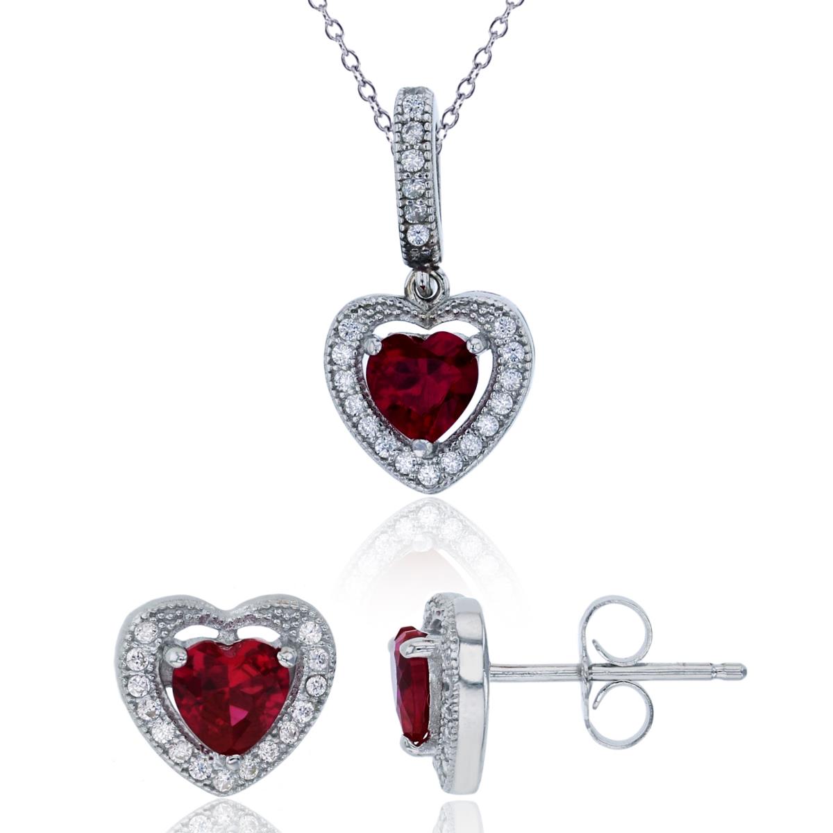 Sterling Silver Rhodium 5mm Heart Ruby Halo 18" Necklace & Earring Set