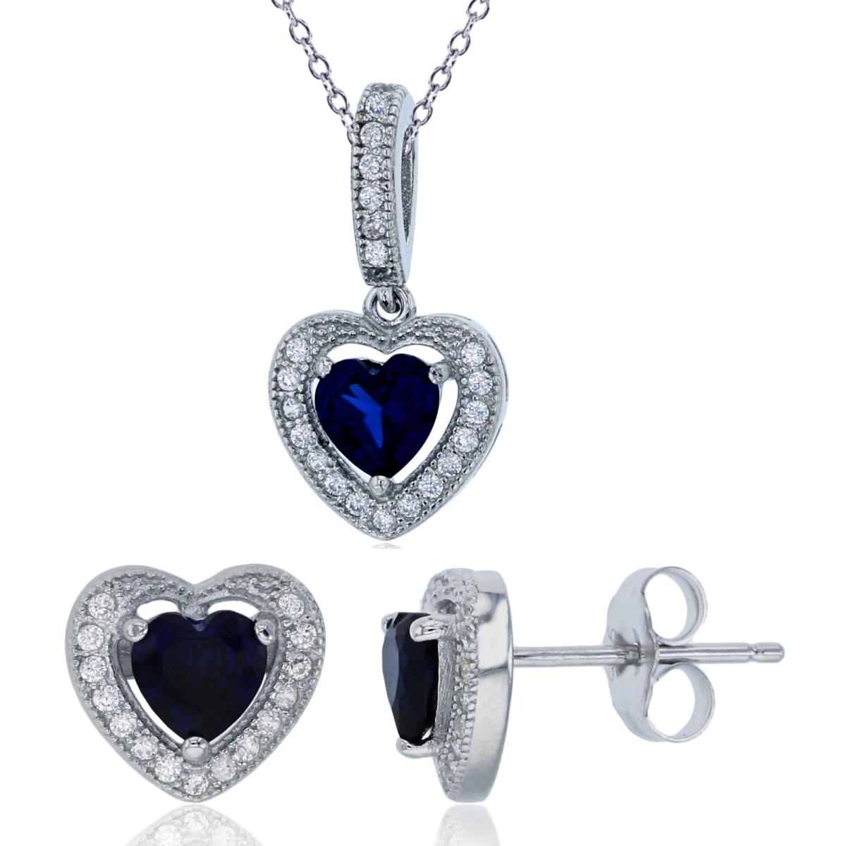 Sterling Silver Rhodium 5mm Heart Sapphire Halo 18" Necklace & Earring Set